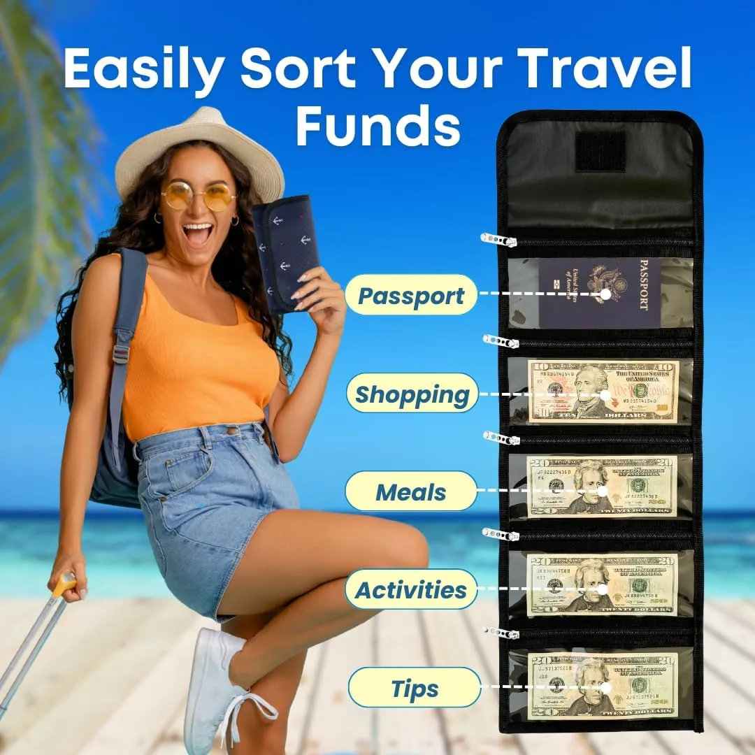 Money Wallet Organizer for Cash with 5 Zippered Pockets - Handy Currency Organizer & Cash Envelope Wallet - Ideal Money Holder for Bills, Coins, Foreign Currencies and Travel - Anchor