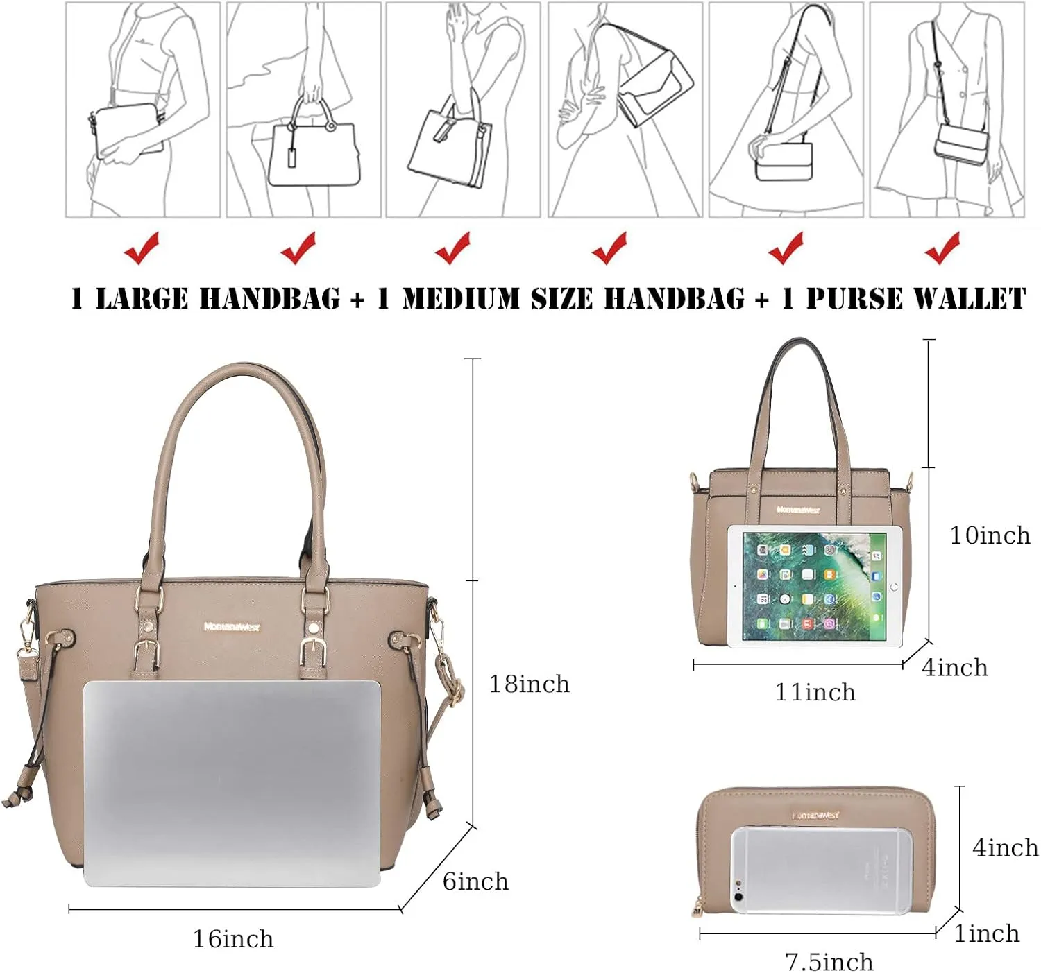 Montana West 3PCS Purses for Women Tote Bag and Wallet Set Shoulder Satchel Handbags