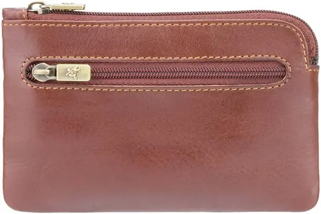 Monza 19 Leather Key Ring Zippered Coin Pouch Purse, Brown, One Size