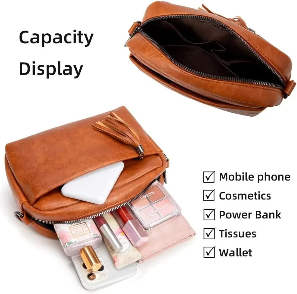 Mudono Shoulder Bag for Women Vintage Crossbody Purse Lightweight PU Leather Messenger Satchel Roomy Pocketbooks with Tassel