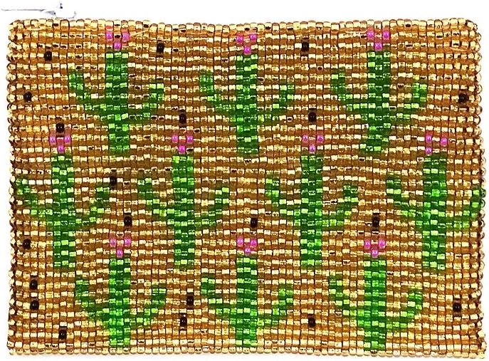 Multi Saguaro Cactus Pattern Czech Glass Seed Beaded Coin Purse Zipper Pouch - Womens Fashion Handmade Bags Boho Travel Accessories (Gold)