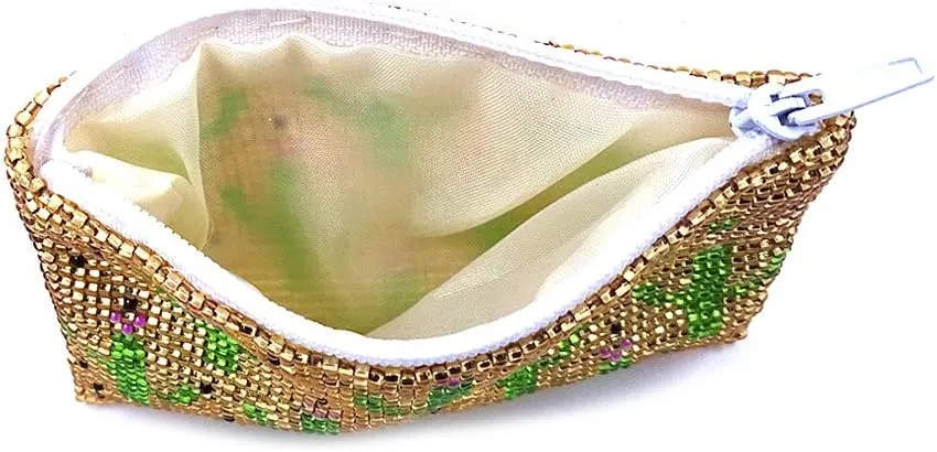 Multi Saguaro Cactus Pattern Czech Glass Seed Beaded Coin Purse Zipper Pouch - Womens Fashion Handmade Bags Boho Travel Accessories (Gold)