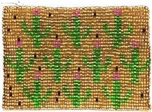 Multi Saguaro Cactus Pattern Czech Glass Seed Beaded Coin Purse Zipper Pouch - Womens Fashion Handmade Bags Boho Travel Accessories (Gold)