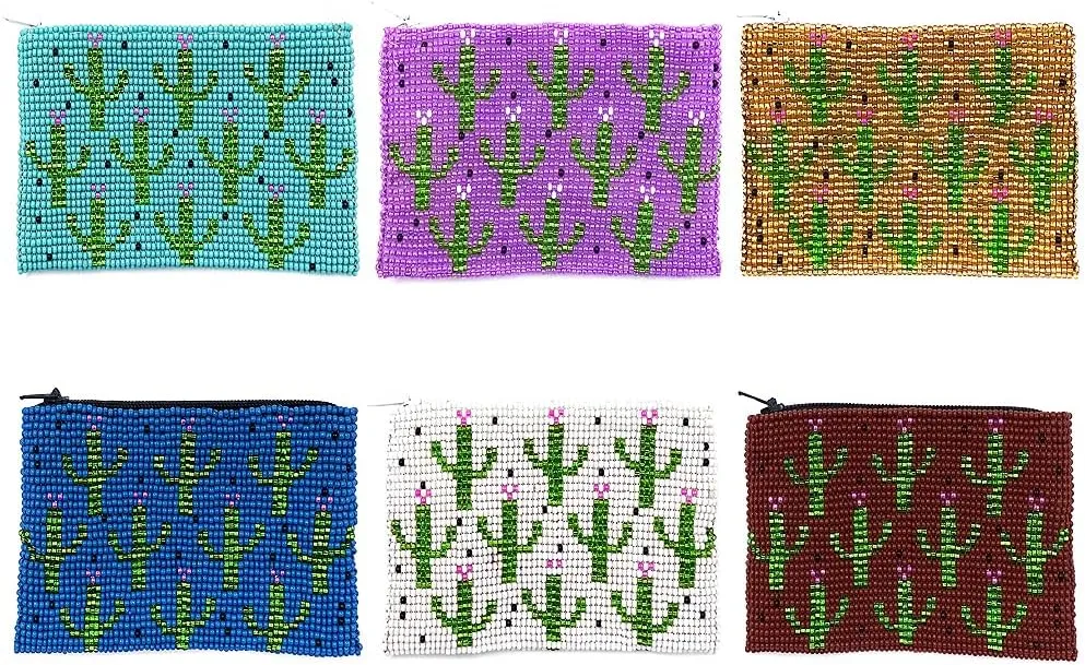 Multi Saguaro Cactus Pattern Czech Glass Seed Beaded Coin Purse Zipper Pouch - Womens Fashion Handmade Bags Boho Travel Accessories (Gold)
