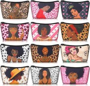 Mumufy 12 Pcs Black Women Makeup Bag African American Cosmetic Bags for Women Queen Toiletry Zippered Canvas Black Makeup Pouch Reusable Gifts Traveling Cosmetic Organizer