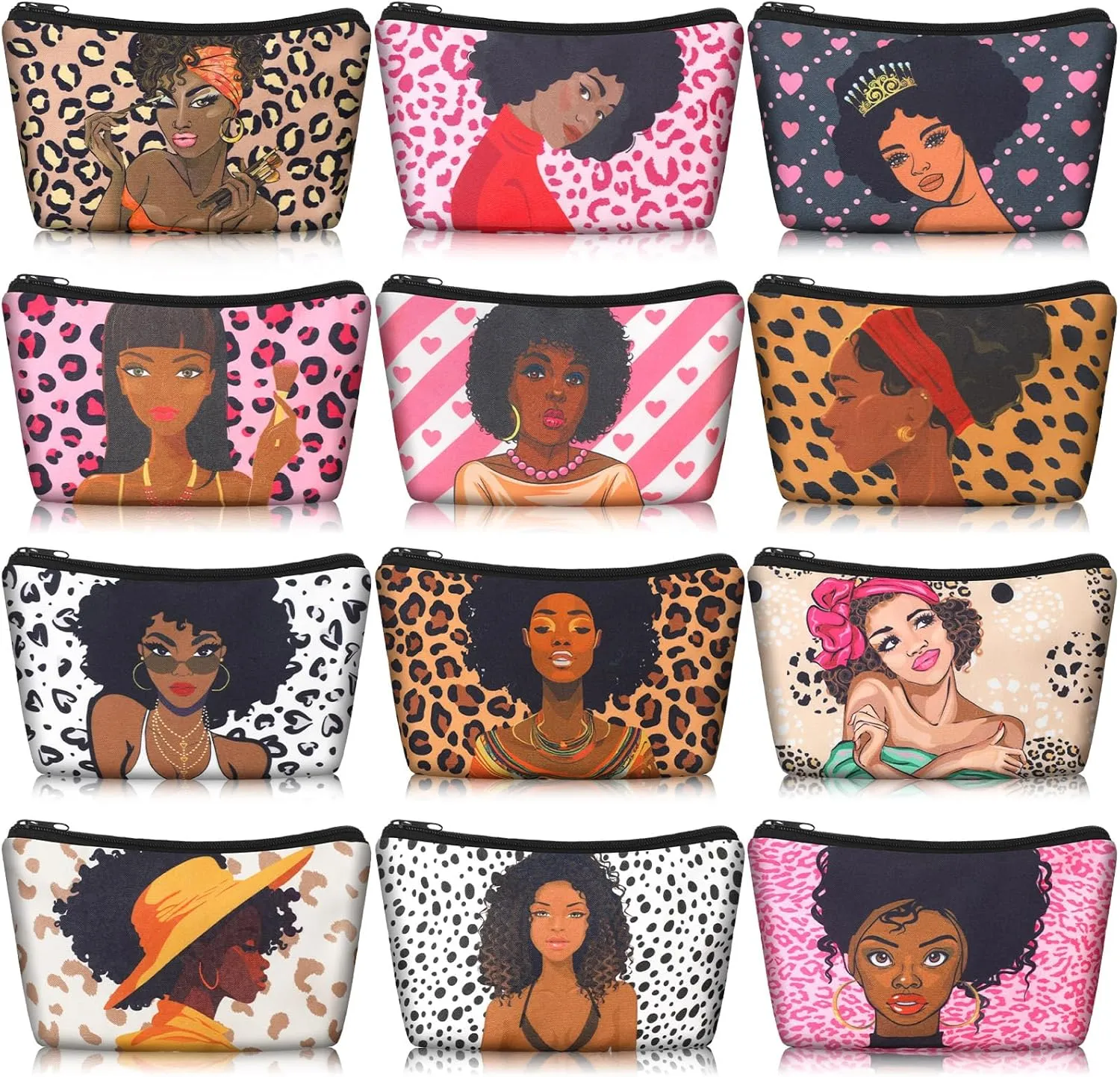 Mumufy 12 Pcs Black Women Makeup Bag African American Cosmetic Bags for Women Queen Toiletry Zippered Canvas Black Makeup Pouch Reusable Gifts Traveling Cosmetic Organizer
