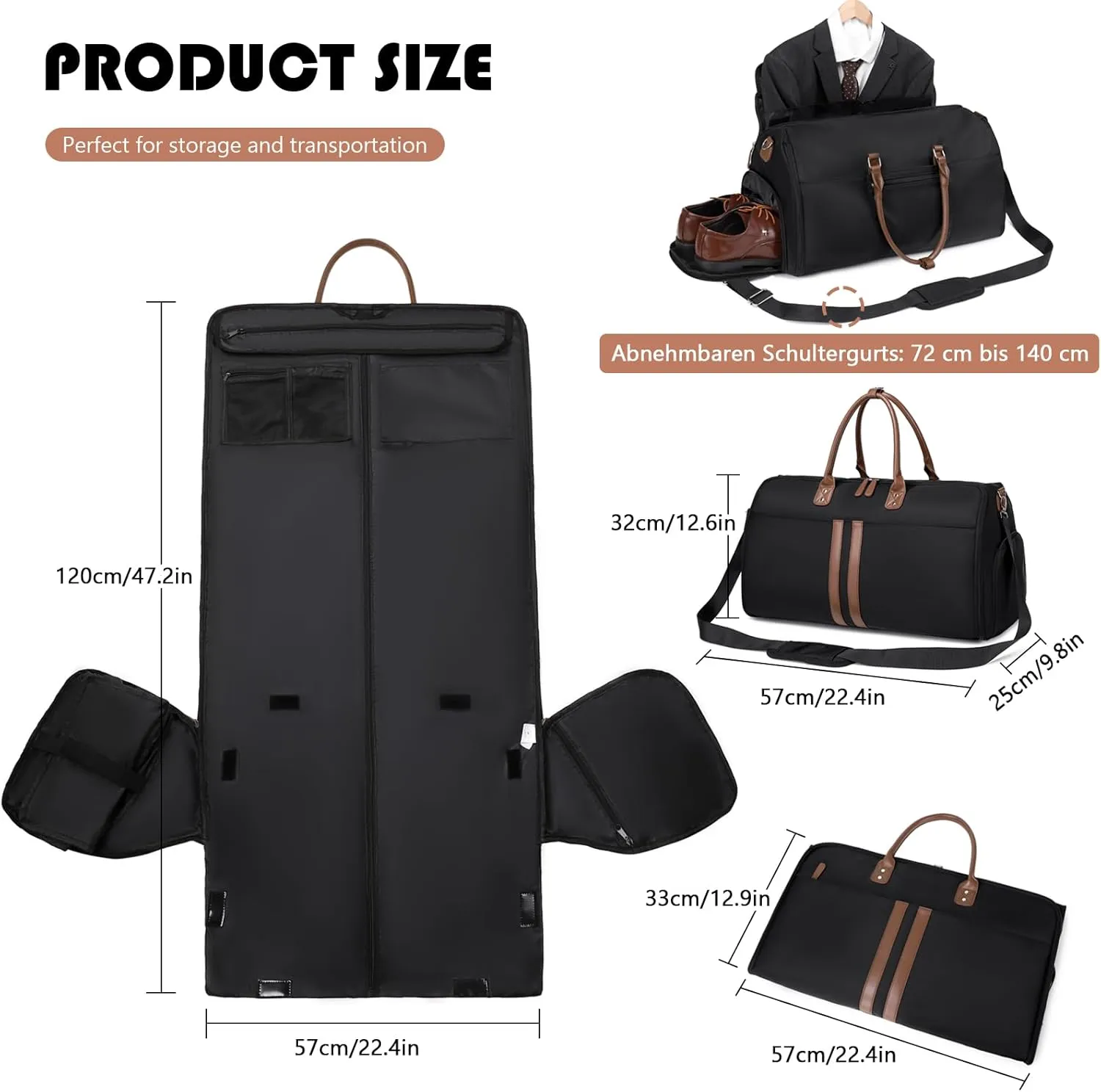 Myhozee Garment Bags for Hanging Clothes Travel Carry On Duffle Bag Backpack 3 in 1 Convertible Suit Bag Suitcase Foldable Weekender Business Flight Bag with Shoes Compartment for Women Men Black