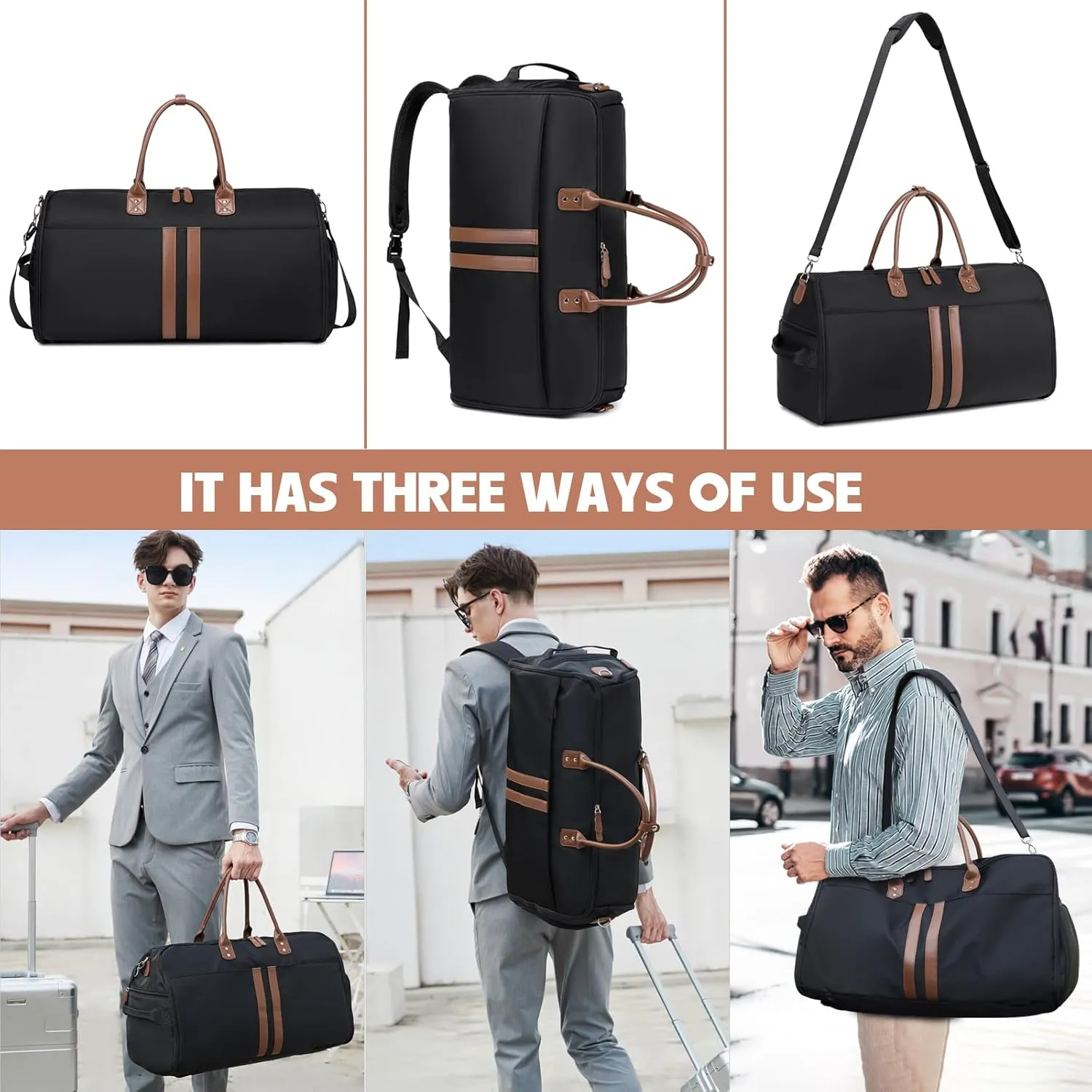 Myhozee Garment Bags for Hanging Clothes Travel Carry On Duffle Bag Backpack 3 in 1 Convertible Suit Bag Suitcase Foldable Weekender Business Flight Bag with Shoes Compartment for Women Men Black