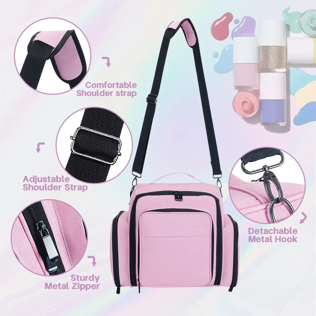 Nail Polish Organizer Holds 60 Bottles and a Nail Lamp,Portable Travel Case with 2 Removable Bags and Tools Storage Pockets Pink