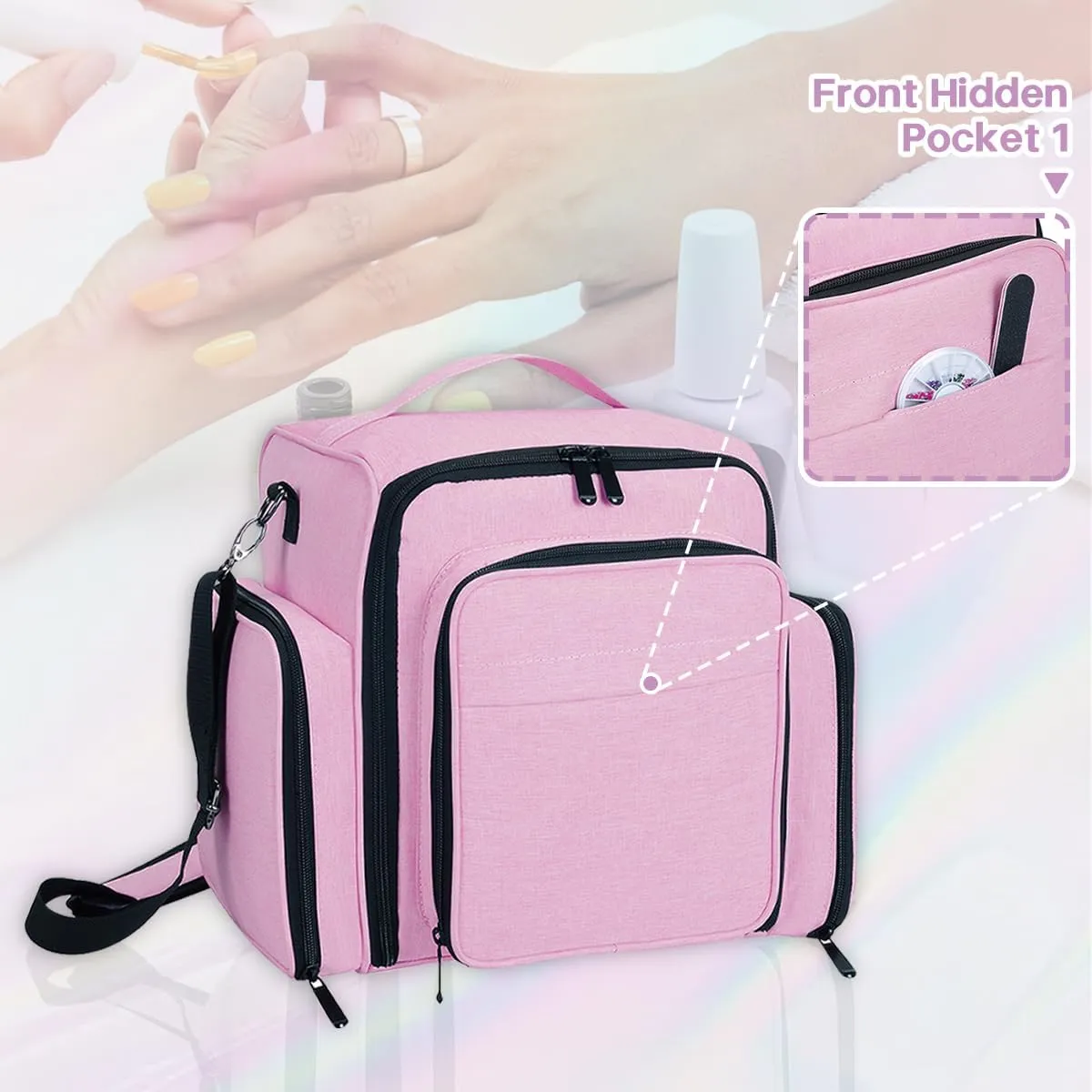 Nail Polish Organizer Holds 60 Bottles and a Nail Lamp,Portable Travel Case with 2 Removable Bags and Tools Storage Pockets Pink