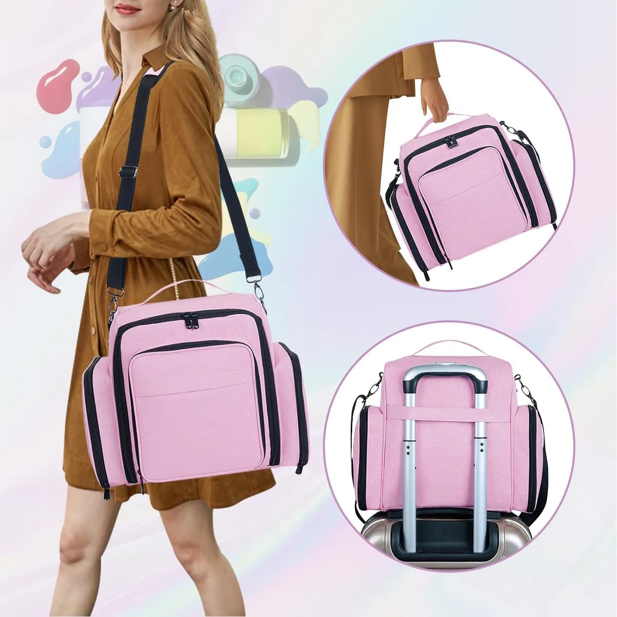 Nail Polish Organizer Holds 60 Bottles and a Nail Lamp,Portable Travel Case with 2 Removable Bags and Tools Storage Pockets Pink