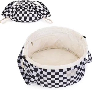 Narwey Barrel Drawstring Checkered Makeup Bag Large Cosmetic Bag Make up Bags Toiletry Bag Travel Bags for Toiletries Organizer for Women Gift for Teen Girls (Black Checkerboard) (Patent)