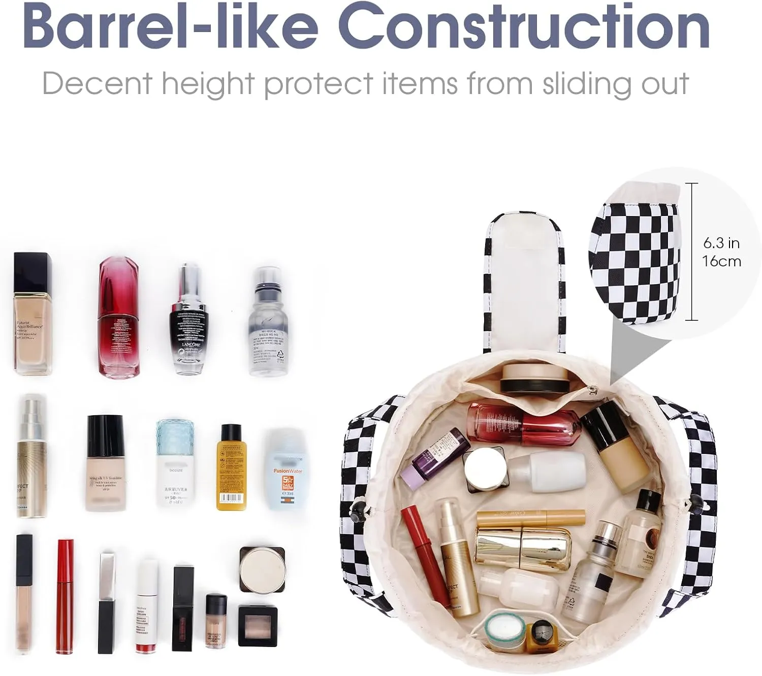 Narwey Barrel Drawstring Checkered Makeup Bag Large Cosmetic Bag Make up Bags Toiletry Bag Travel Bags for Toiletries Organizer for Women Gift for Teen Girls (Black Checkerboard) (Patent)