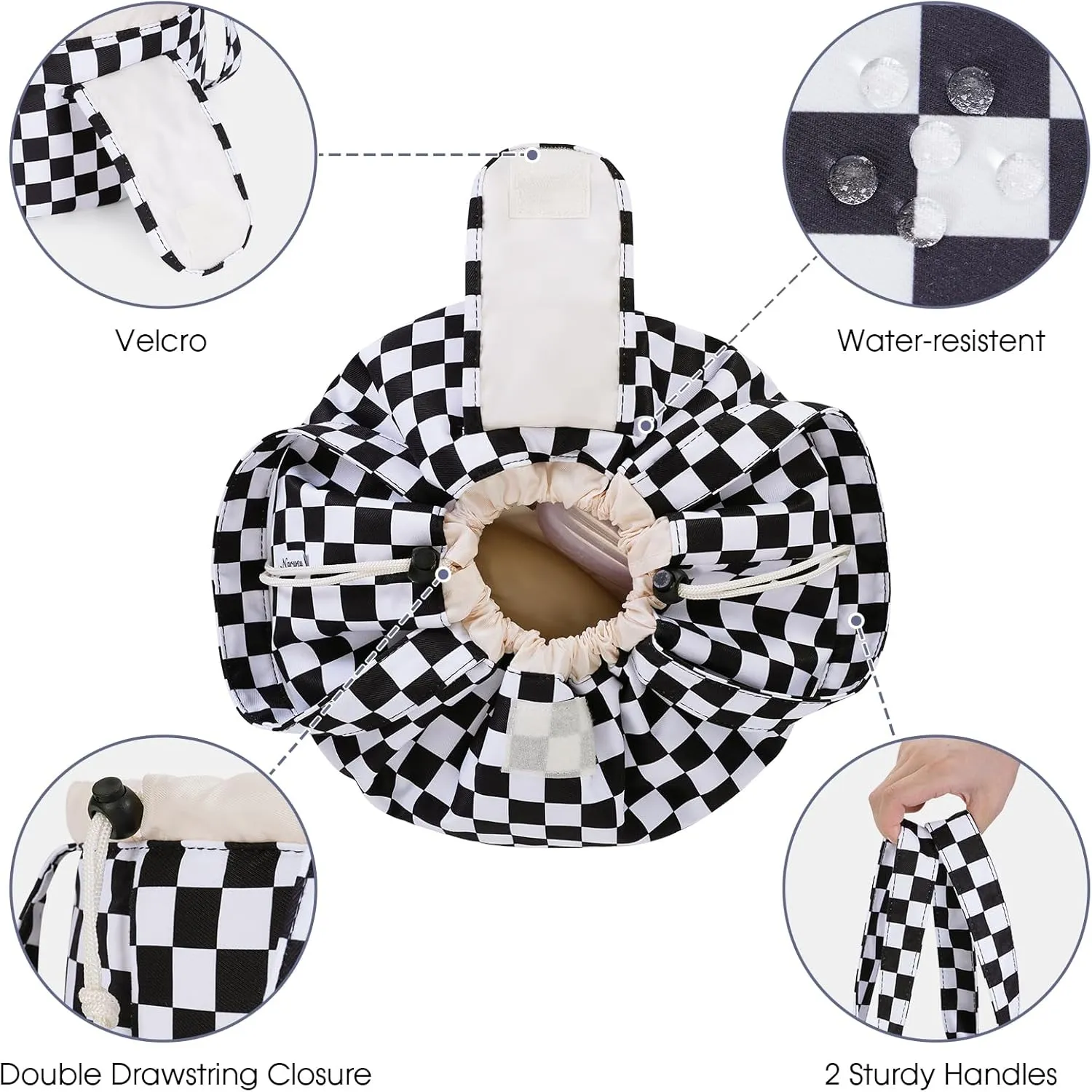 Narwey Barrel Drawstring Checkered Makeup Bag Large Cosmetic Bag Make up Bags Toiletry Bag Travel Bags for Toiletries Organizer for Women Gift for Teen Girls (Black Checkerboard) (Patent)