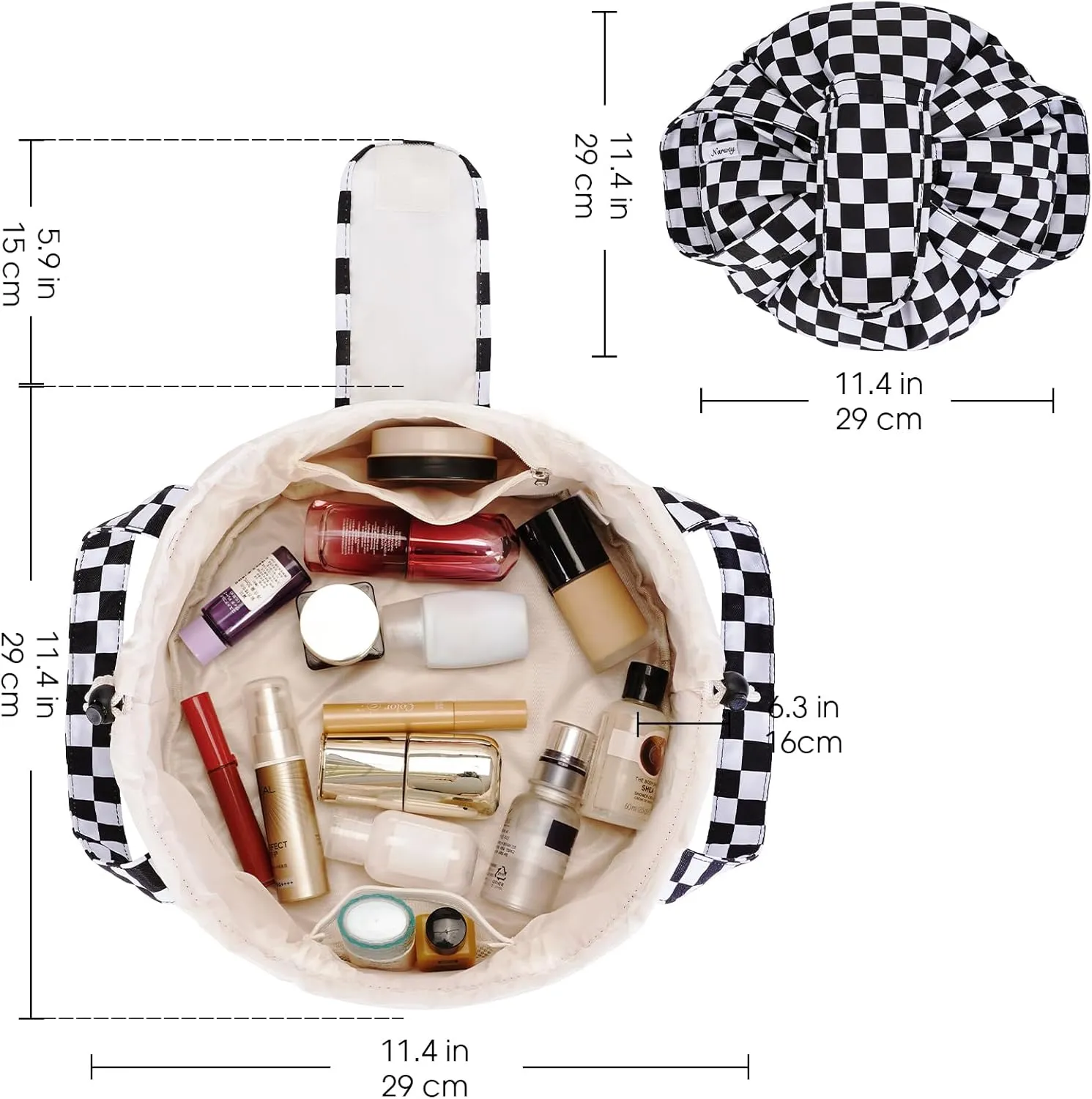 Narwey Barrel Drawstring Checkered Makeup Bag Large Cosmetic Bag Make up Bags Toiletry Bag Travel Bags for Toiletries Organizer for Women Gift for Teen Girls (Black Checkerboard) (Patent)