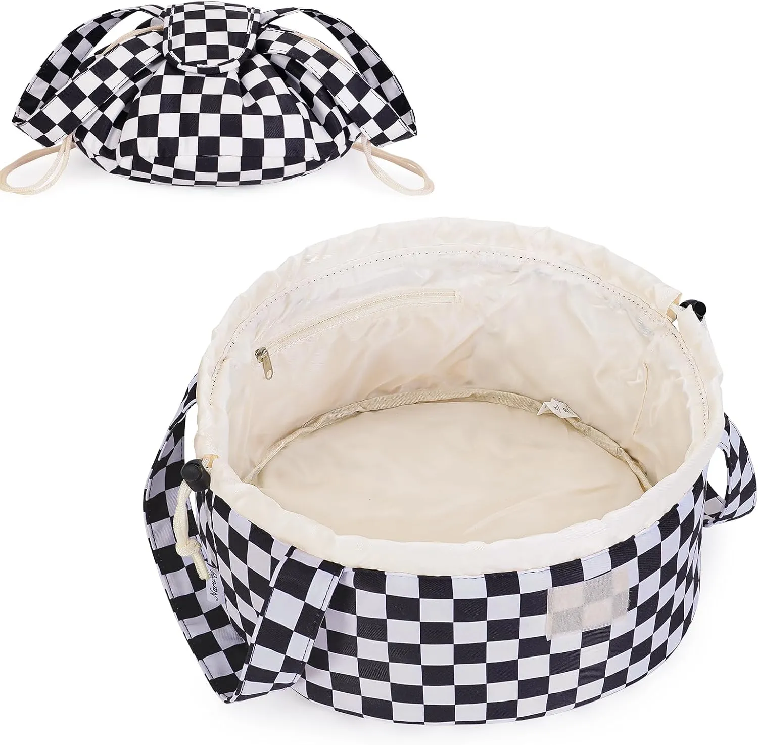 Narwey Barrel Drawstring Checkered Makeup Bag Large Cosmetic Bag Make up Bags Toiletry Bag Travel Bags for Toiletries Organizer for Women Gift for Teen Girls (Black Checkerboard) (Patent)