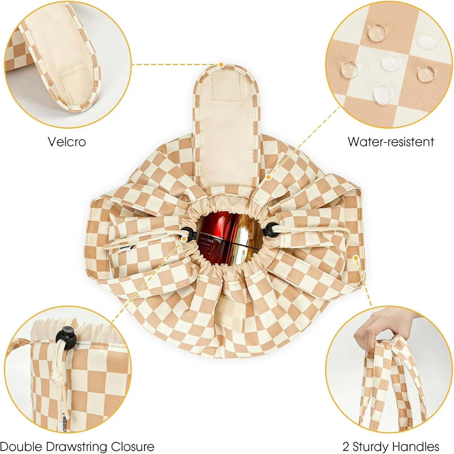 Narwey Barrel Drawstring Checkered Makeup Bag Large Cosmetic Bag Make up Bags Toiletry Bag Travel Bags for Toiletries Organizer for Women Gift for Teen Girls (Brown Checkerboard) (Patent)