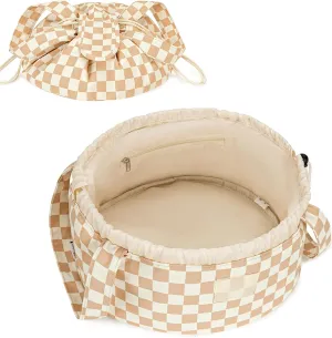 Narwey Barrel Drawstring Checkered Makeup Bag Large Cosmetic Bag Make up Bags Toiletry Bag Travel Bags for Toiletries Organizer for Women Gift for Teen Girls (Brown Checkerboard) (Patent)