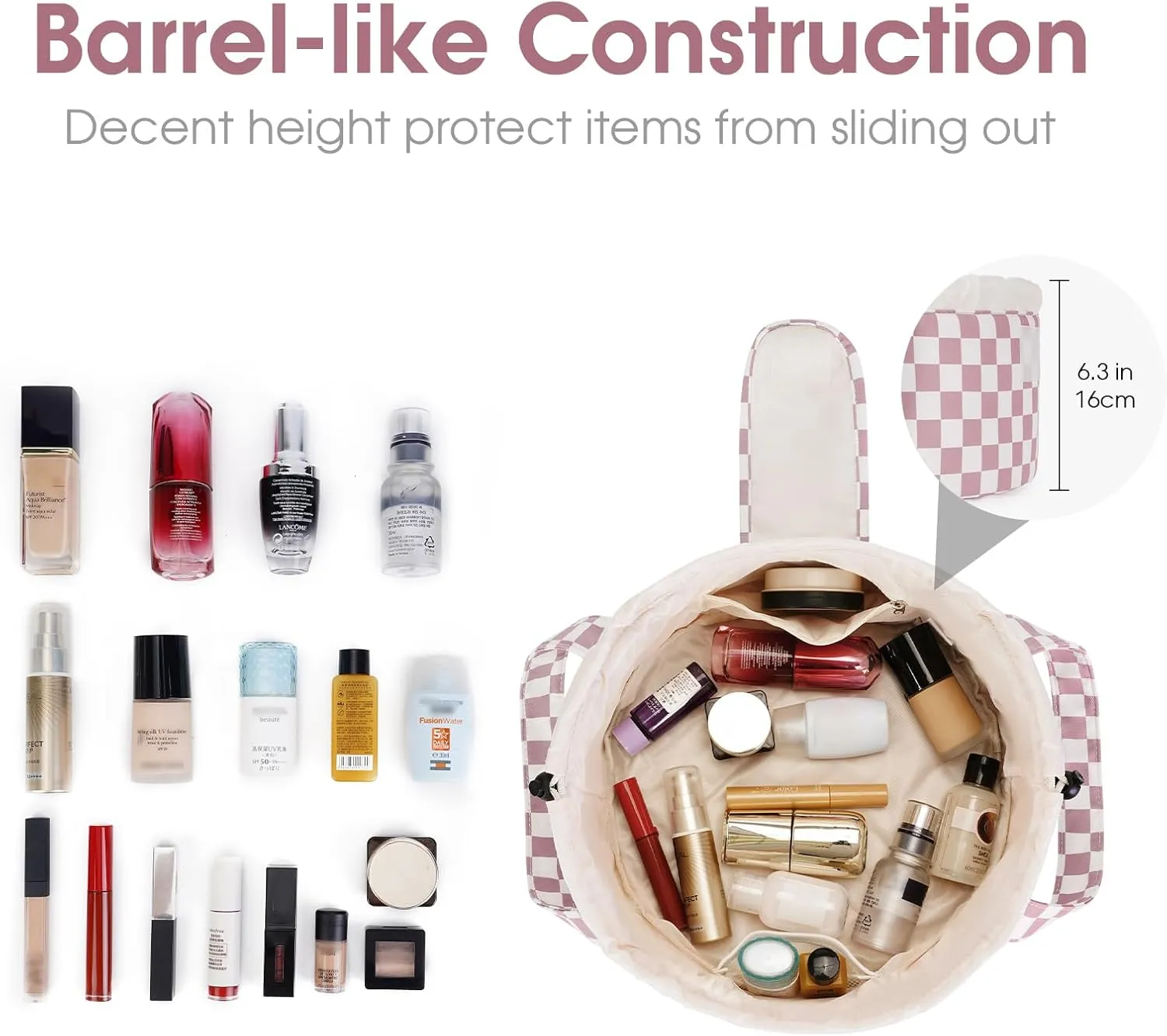 Narwey Barrel Drawstring Checkered Makeup Bag Large Cosmetic Bag Make up Bags Toiletry Bag Travel Bags for Toiletries Organizer for Women Gift for Teen Girls (Dusty Rose Checkerboard) (Patent)