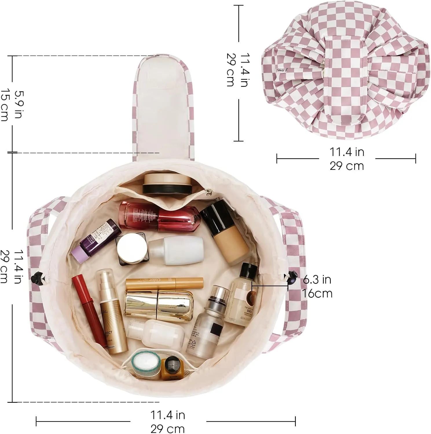 Narwey Barrel Drawstring Checkered Makeup Bag Large Cosmetic Bag Make up Bags Toiletry Bag Travel Bags for Toiletries Organizer for Women Gift for Teen Girls (Dusty Rose Checkerboard) (Patent)