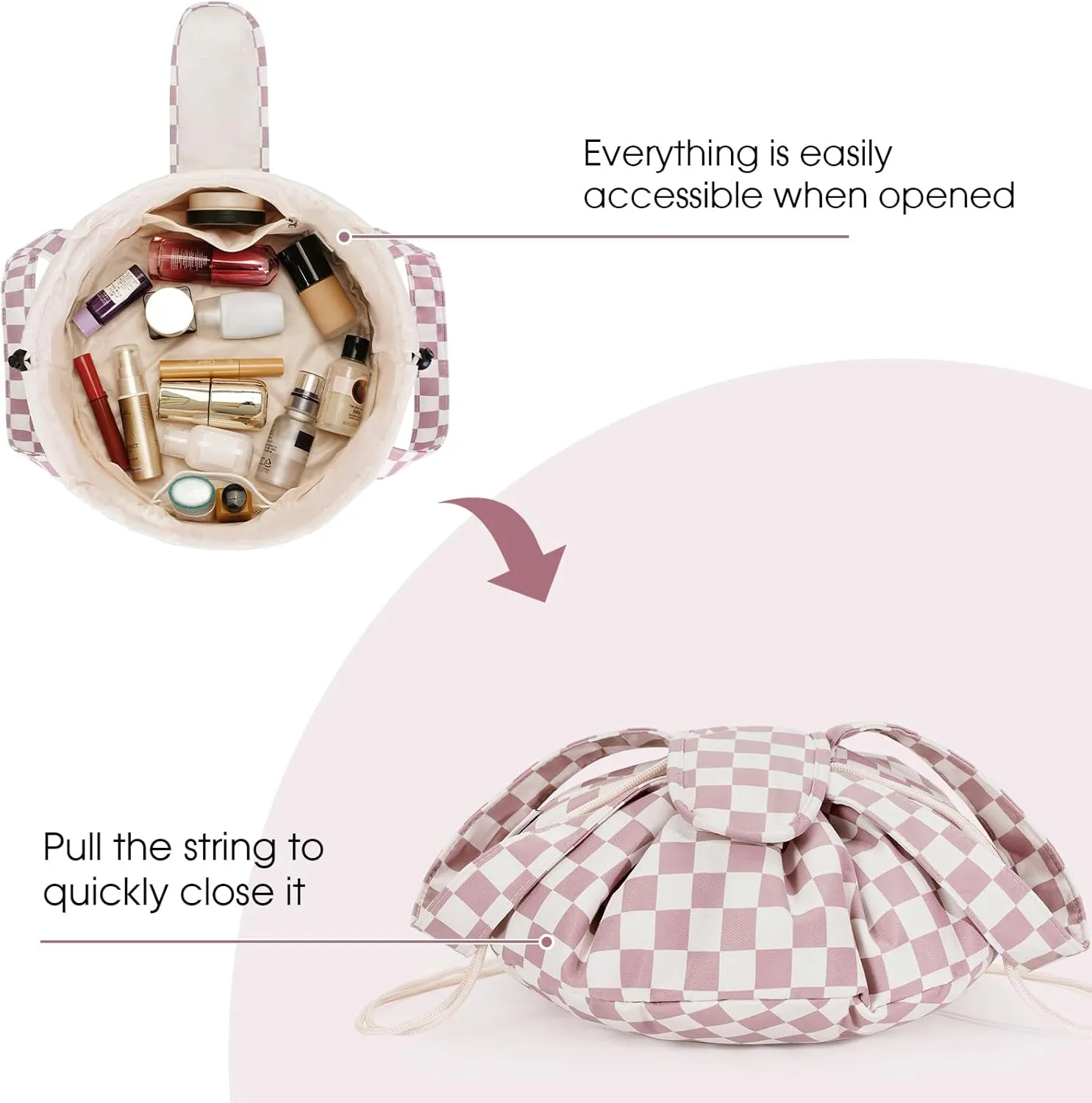 Narwey Barrel Drawstring Checkered Makeup Bag Large Cosmetic Bag Make up Bags Toiletry Bag Travel Bags for Toiletries Organizer for Women Gift for Teen Girls (Dusty Rose Checkerboard) (Patent)