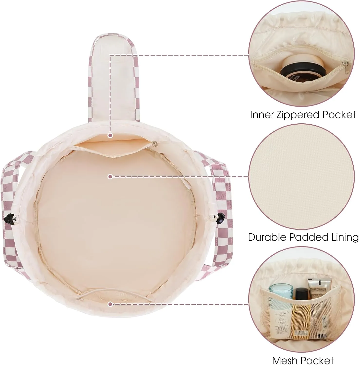 Narwey Barrel Drawstring Checkered Makeup Bag Large Cosmetic Bag Make up Bags Toiletry Bag Travel Bags for Toiletries Organizer for Women Gift for Teen Girls (Dusty Rose Checkerboard) (Patent)