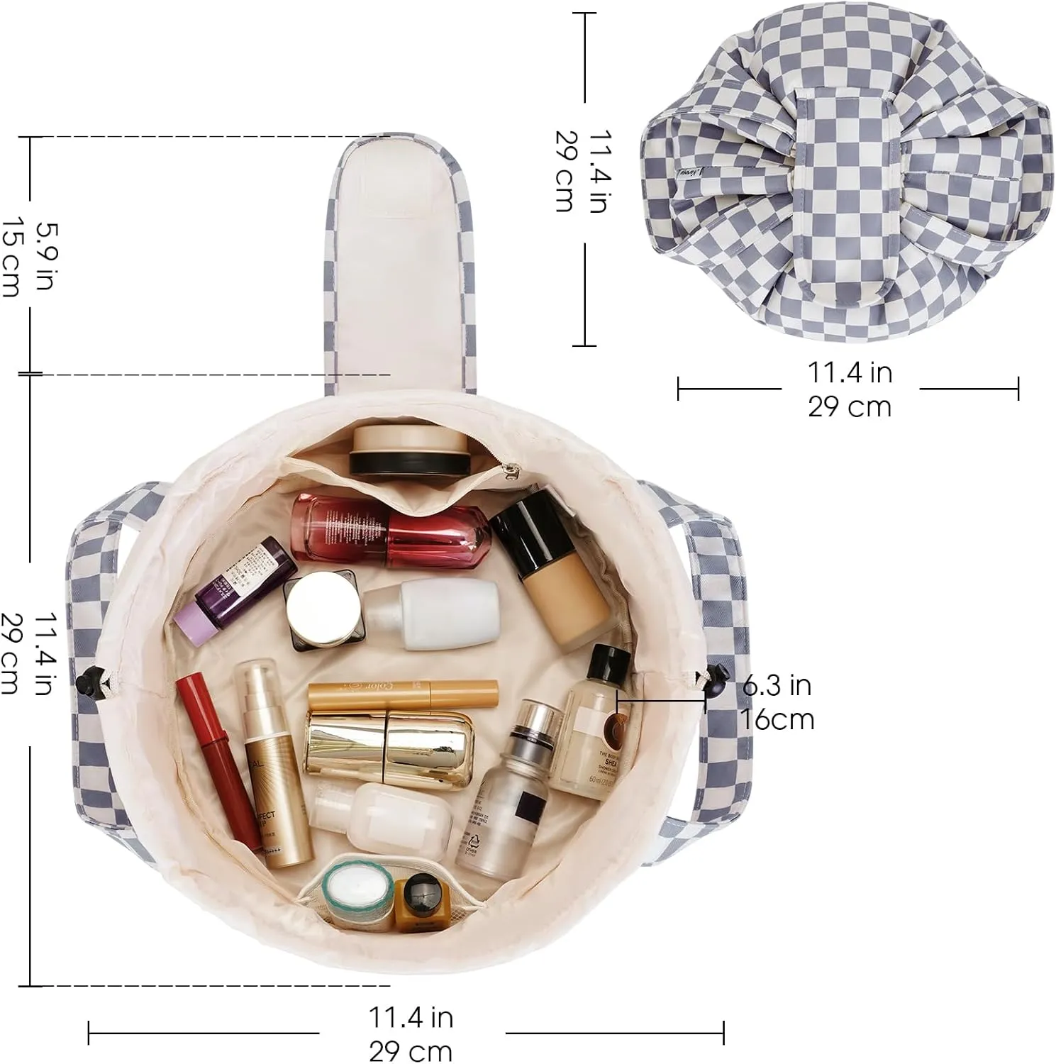 Narwey Barrel Drawstring Checkered Makeup Bag Large Cosmetic Bag Make up Bags Toiletry Bag Travel Bags for Toiletries Organizer for Women Gift for Teen Girls (Grayish Blue Checkerboard) (Patent)