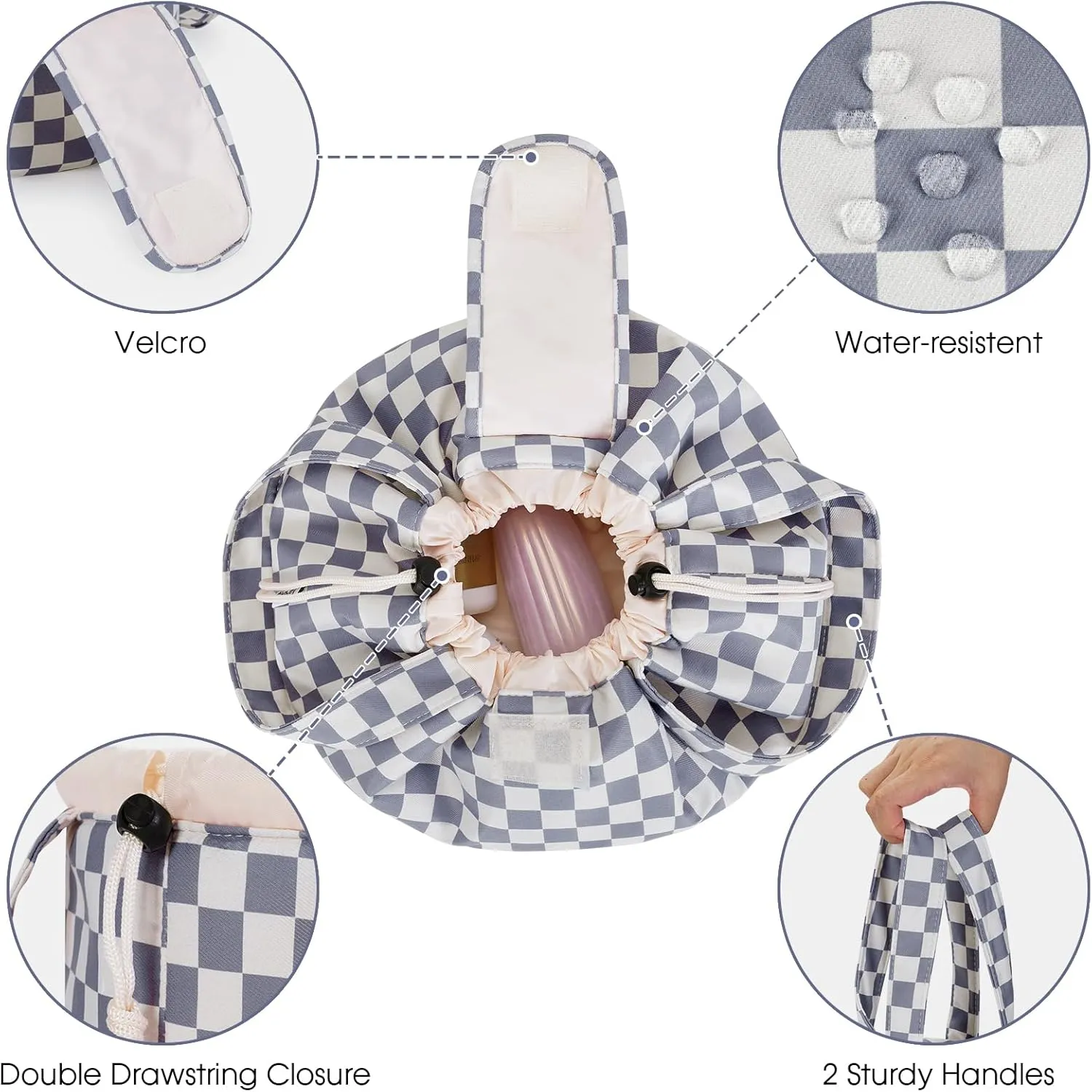 Narwey Barrel Drawstring Checkered Makeup Bag Large Cosmetic Bag Make up Bags Toiletry Bag Travel Bags for Toiletries Organizer for Women Gift for Teen Girls (Grayish Blue Checkerboard) (Patent)