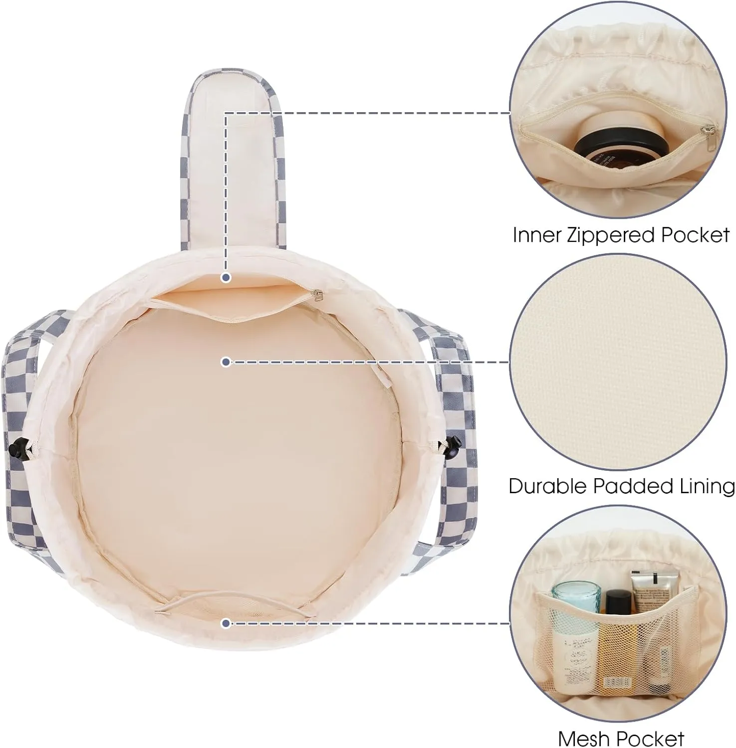 Narwey Barrel Drawstring Checkered Makeup Bag Large Cosmetic Bag Make up Bags Toiletry Bag Travel Bags for Toiletries Organizer for Women Gift for Teen Girls (Grayish Blue Checkerboard) (Patent)