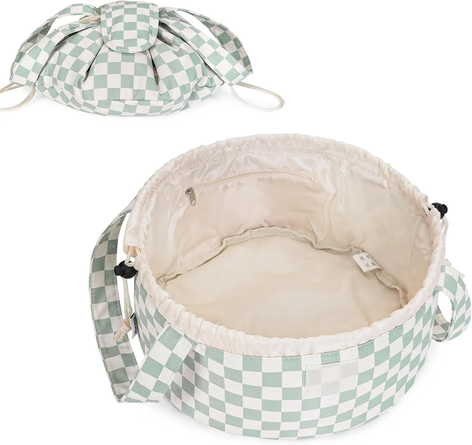 Narwey Barrel Drawstring Checkered Makeup Bag Large Cosmetic Bag Make up Bags Toiletry Bag Travel Bags for Toiletries Organizer for Women Gift for Teen Girls (Mint Green Checkerboard) (Patent)