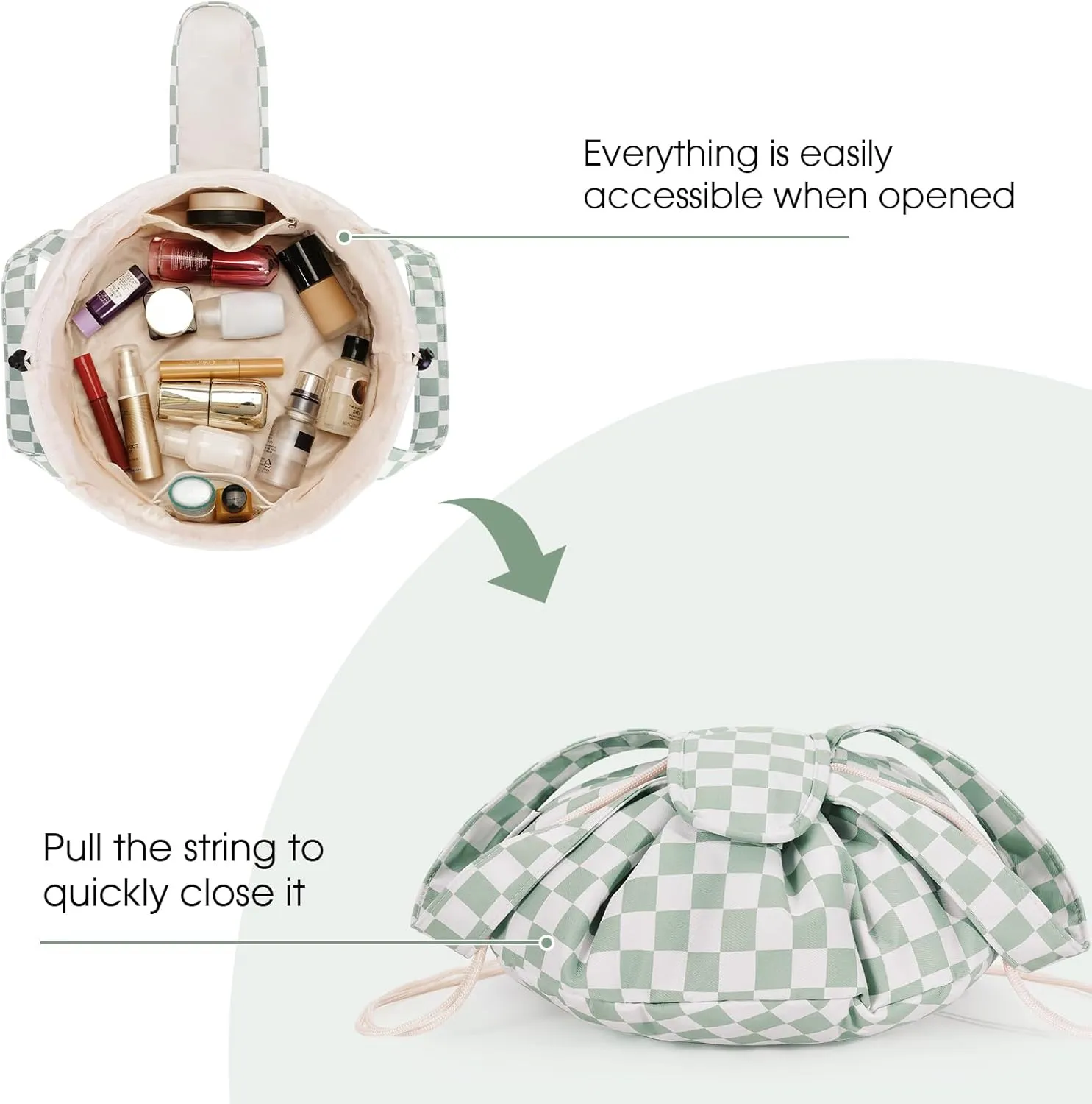 Narwey Barrel Drawstring Checkered Makeup Bag Large Cosmetic Bag Make up Bags Toiletry Bag Travel Bags for Toiletries Organizer for Women Gift for Teen Girls (Mint Green Checkerboard) (Patent)