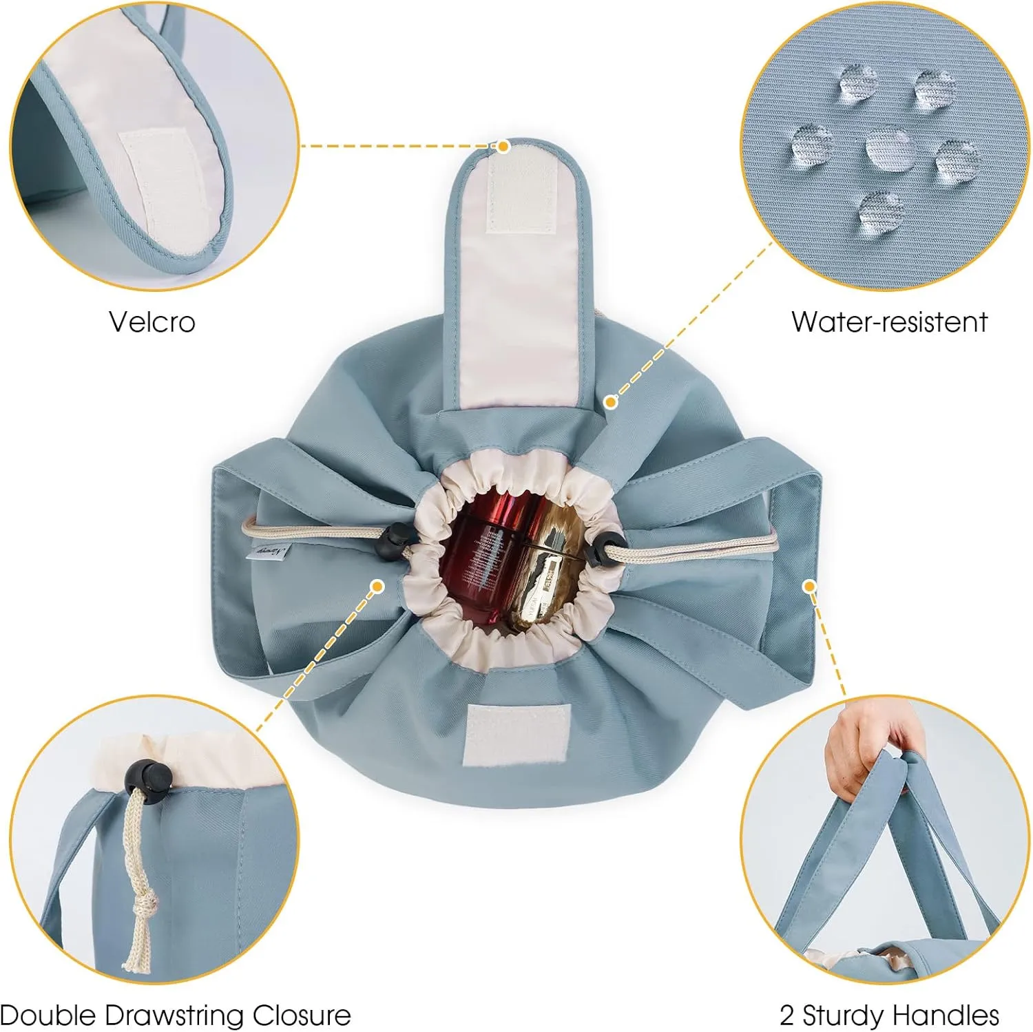 Narwey Barrel Drawstring Makeup Bag Large Floral Cosmetic Bag Make up Bags Toiletry Bag Travel Bags for Toiletries Organizer for Women Gift for Teen Girls (Greyish Blue) (Patent)
