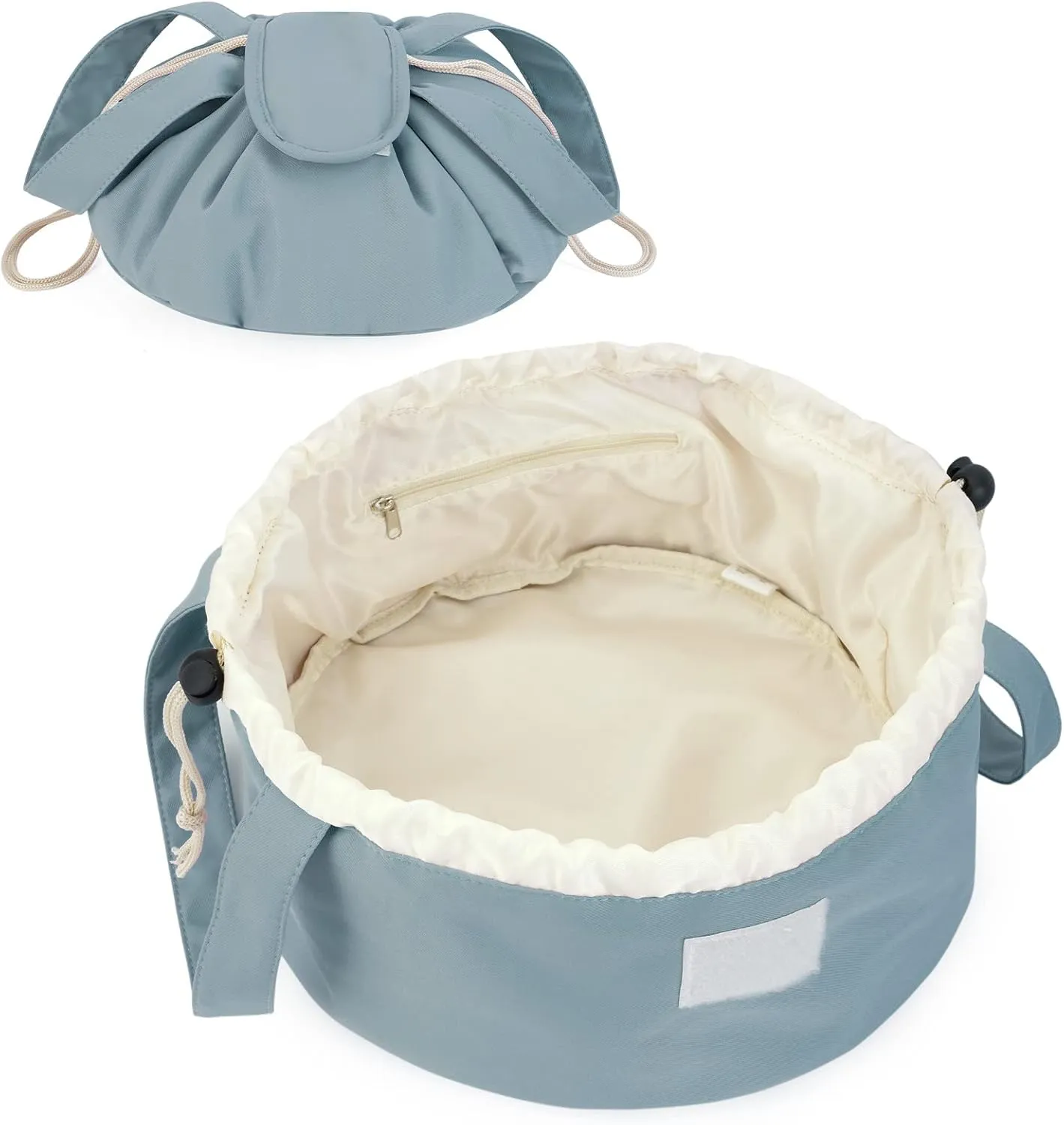 Narwey Barrel Drawstring Makeup Bag Large Floral Cosmetic Bag Make up Bags Toiletry Bag Travel Bags for Toiletries Organizer for Women Gift for Teen Girls (Greyish Blue) (Patent)