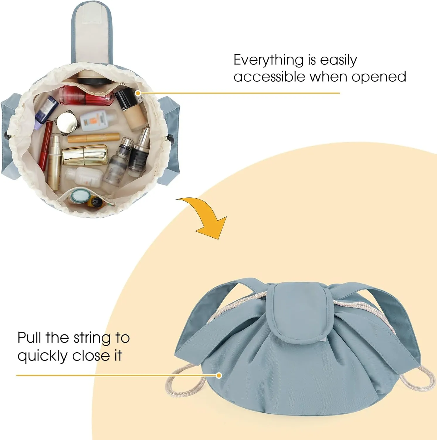 Narwey Barrel Drawstring Makeup Bag Large Floral Cosmetic Bag Make up Bags Toiletry Bag Travel Bags for Toiletries Organizer for Women Gift for Teen Girls (Greyish Blue) (Patent)