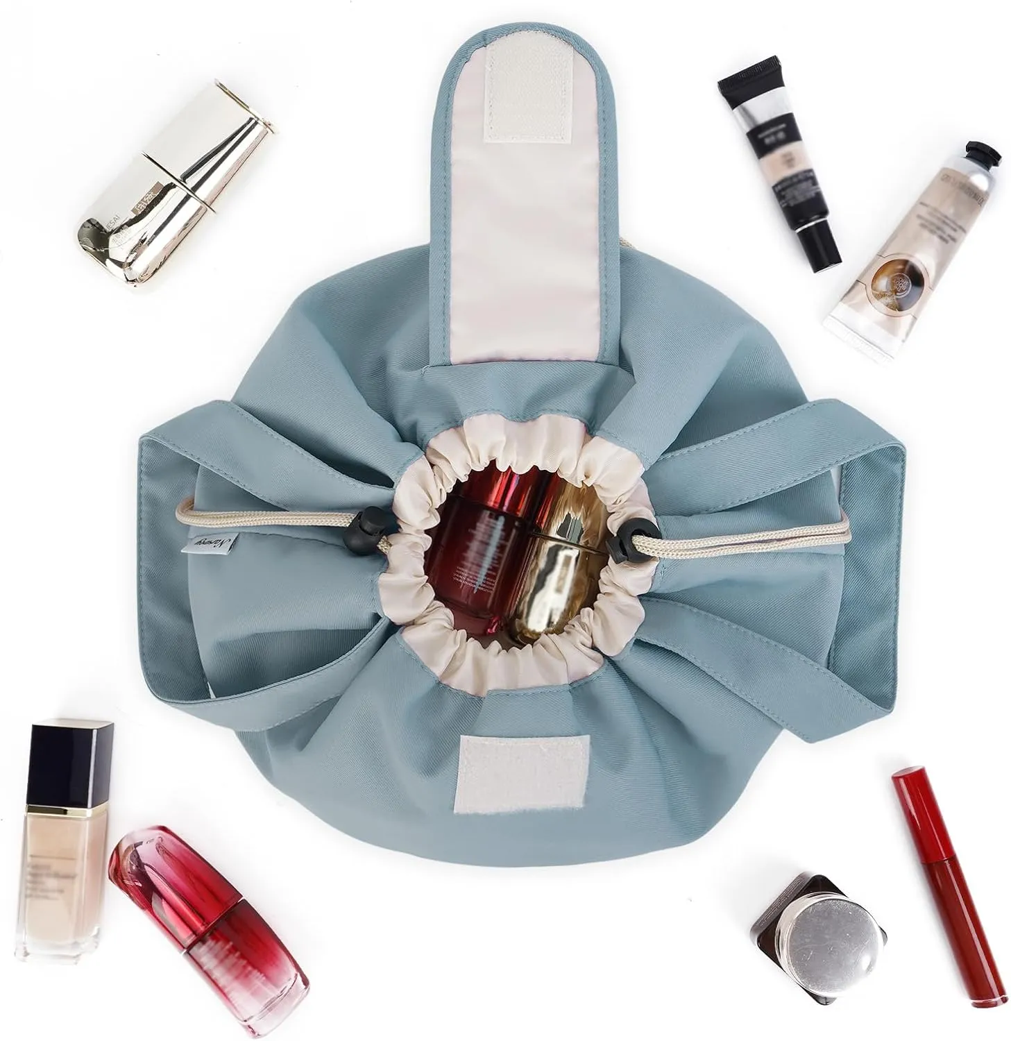 Narwey Barrel Drawstring Makeup Bag Large Floral Cosmetic Bag Make up Bags Toiletry Bag Travel Bags for Toiletries Organizer for Women Gift for Teen Girls (Greyish Blue) (Patent)