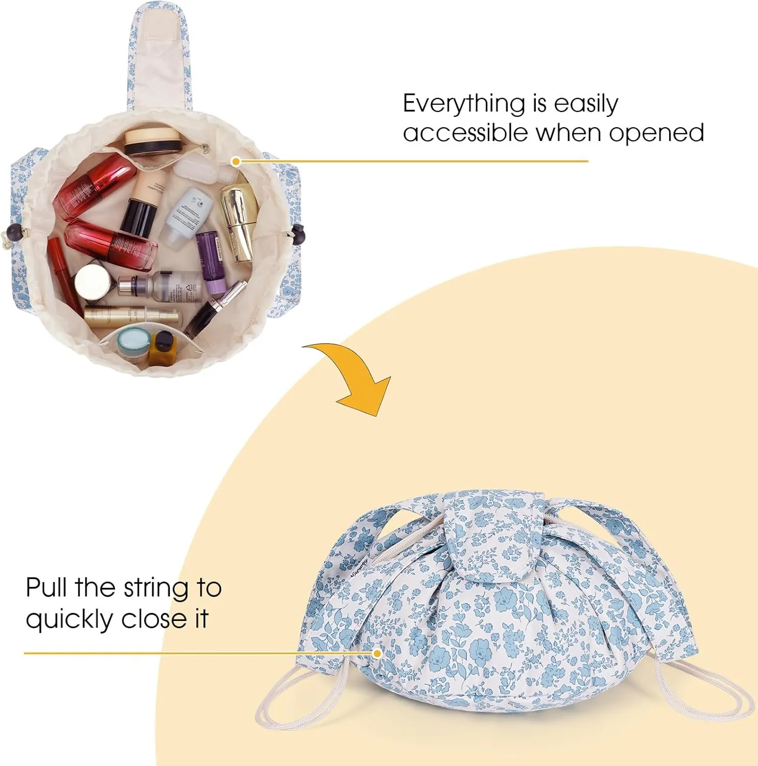 Narwey Barrel Drawstring Makeup Bag Large Floral Cosmetic Bag Make up Bags Toiletry Bag Travel Bags for Toiletries Organizer for Women Gift for Teen Girls (Little Blue Flower) (Patent)