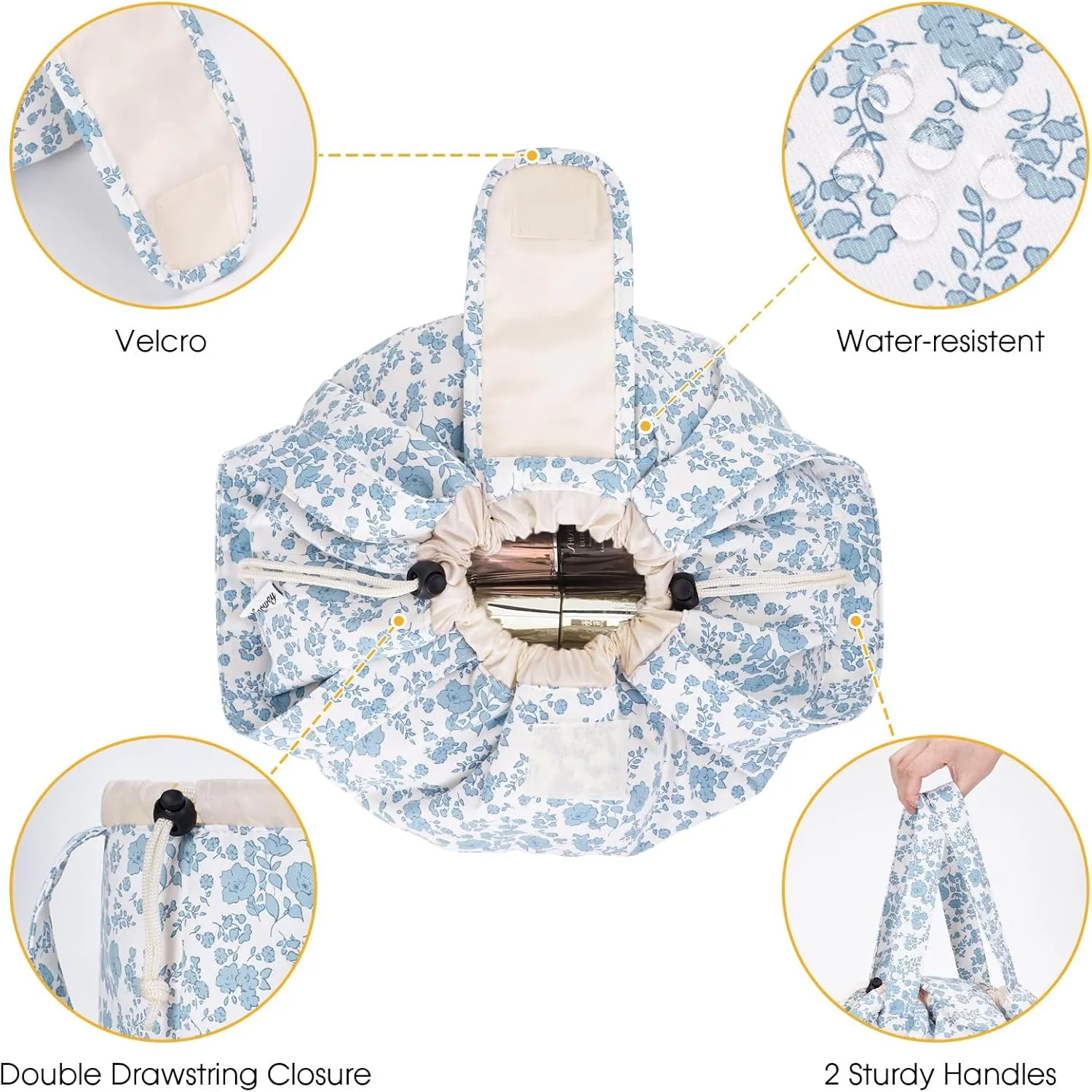 Narwey Barrel Drawstring Makeup Bag Large Floral Cosmetic Bag Make up Bags Toiletry Bag Travel Bags for Toiletries Organizer for Women Gift for Teen Girls (Little Blue Flower) (Patent)