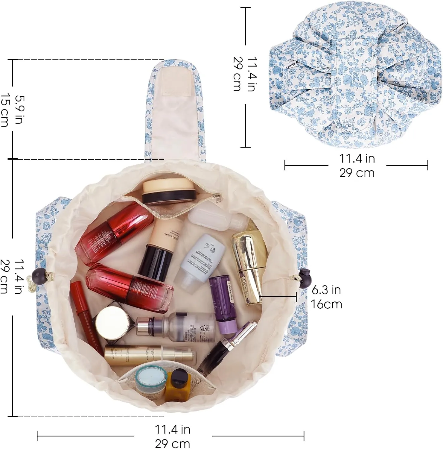 Narwey Barrel Drawstring Makeup Bag Large Floral Cosmetic Bag Make up Bags Toiletry Bag Travel Bags for Toiletries Organizer for Women Gift for Teen Girls (Little Blue Flower) (Patent)