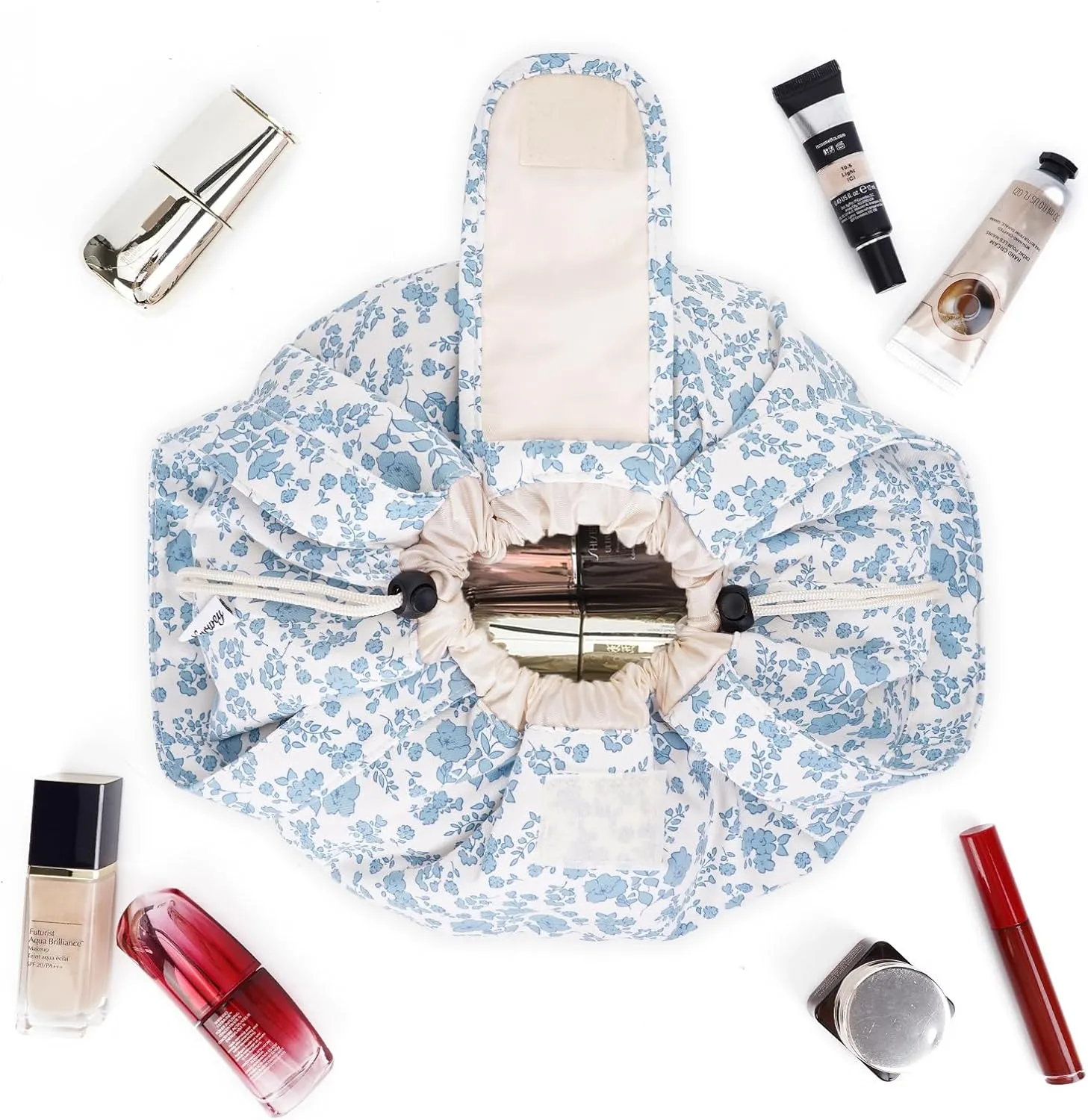 Narwey Barrel Drawstring Makeup Bag Large Floral Cosmetic Bag Make up Bags Toiletry Bag Travel Bags for Toiletries Organizer for Women Gift for Teen Girls (Little Blue Flower) (Patent)