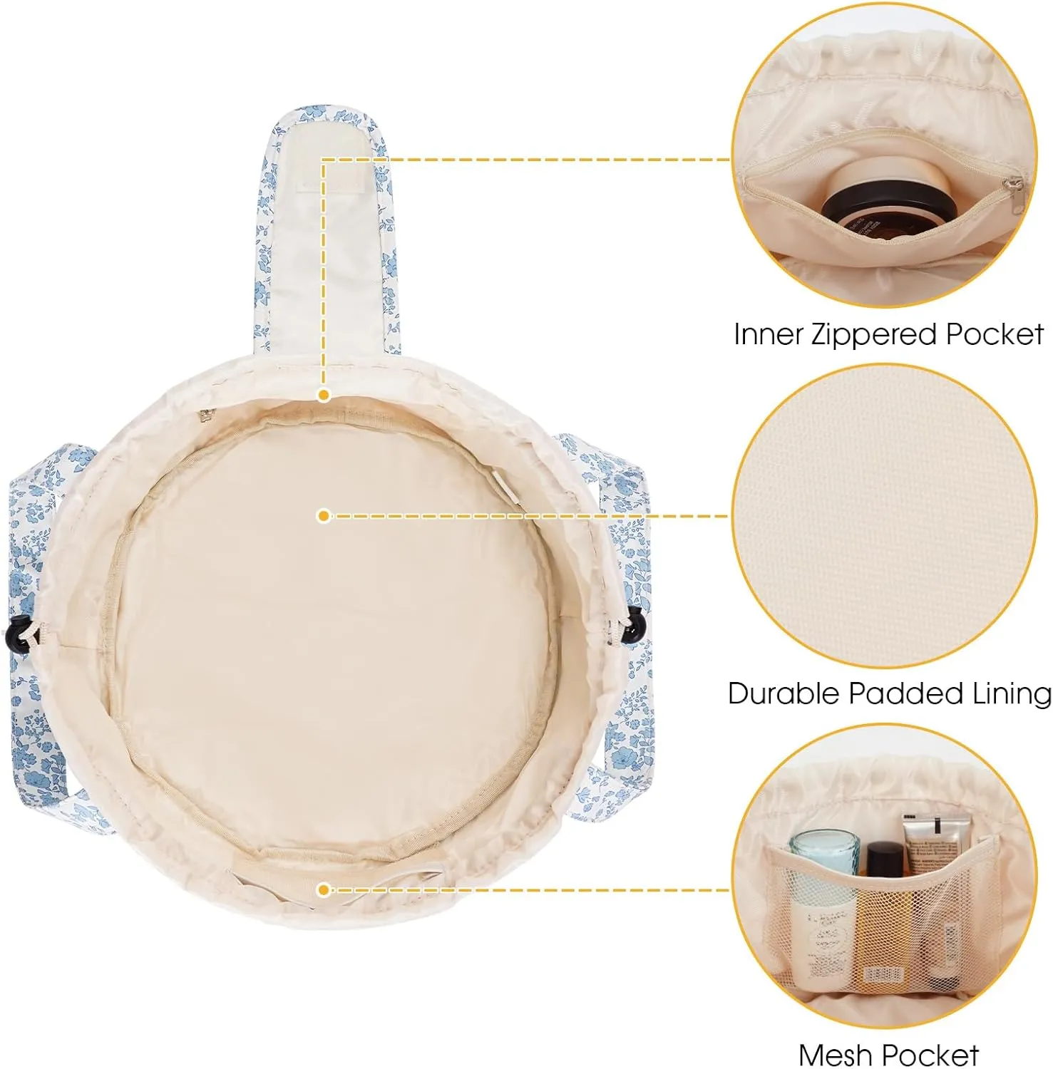 Narwey Barrel Drawstring Makeup Bag Large Floral Cosmetic Bag Make up Bags Toiletry Bag Travel Bags for Toiletries Organizer for Women Gift for Teen Girls (Little Blue Flower) (Patent)
