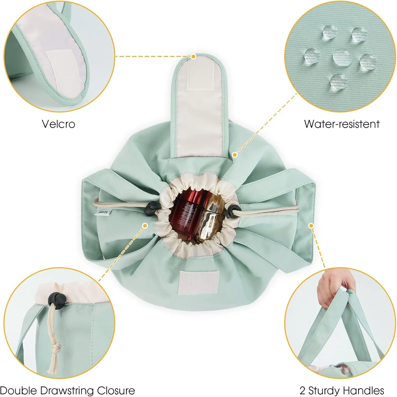 Narwey Barrel Drawstring Makeup Bag Large Floral Cosmetic Bag Make up Bags Toiletry Bag Travel Bags for Toiletries Organizer for Women Gift for Teen Girls (Mint Green) (Patent)