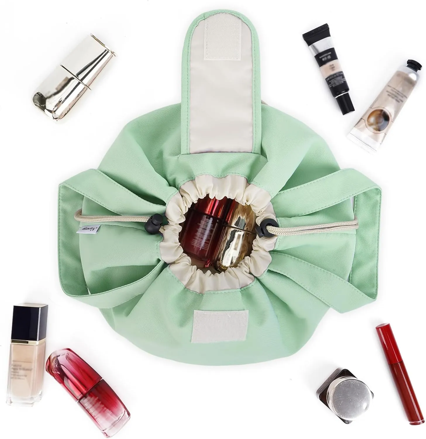 Narwey Barrel Drawstring Makeup Bag Large Floral Cosmetic Bag Make up Bags Toiletry Bag Travel Bags for Toiletries Organizer for Women Gift for Teen Girls (Mint Green) (Patent)