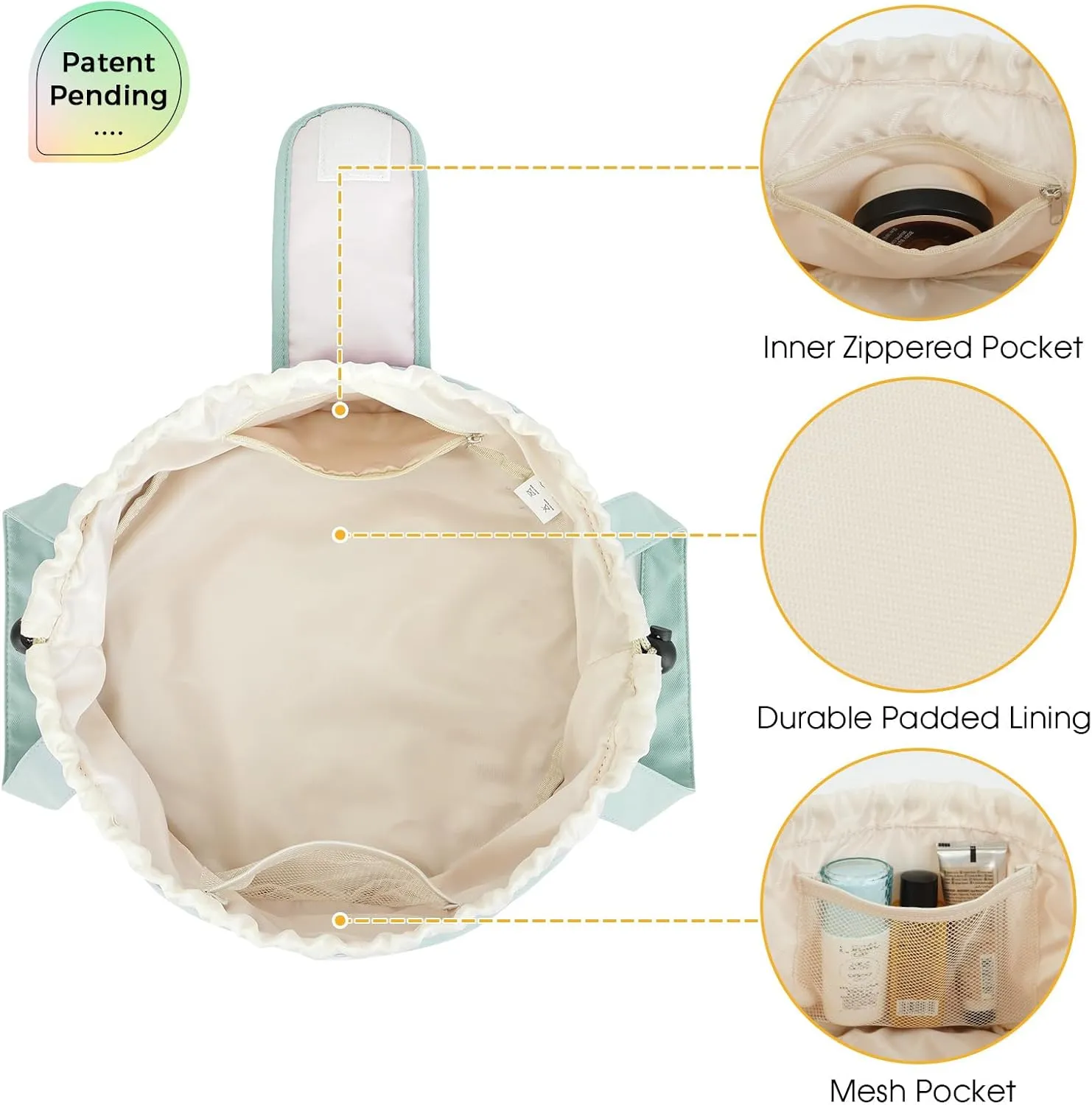 Narwey Barrel Drawstring Makeup Bag Large Floral Cosmetic Bag Make up Bags Toiletry Bag Travel Bags for Toiletries Organizer for Women Gift for Teen Girls (Mint Green) (Patent)