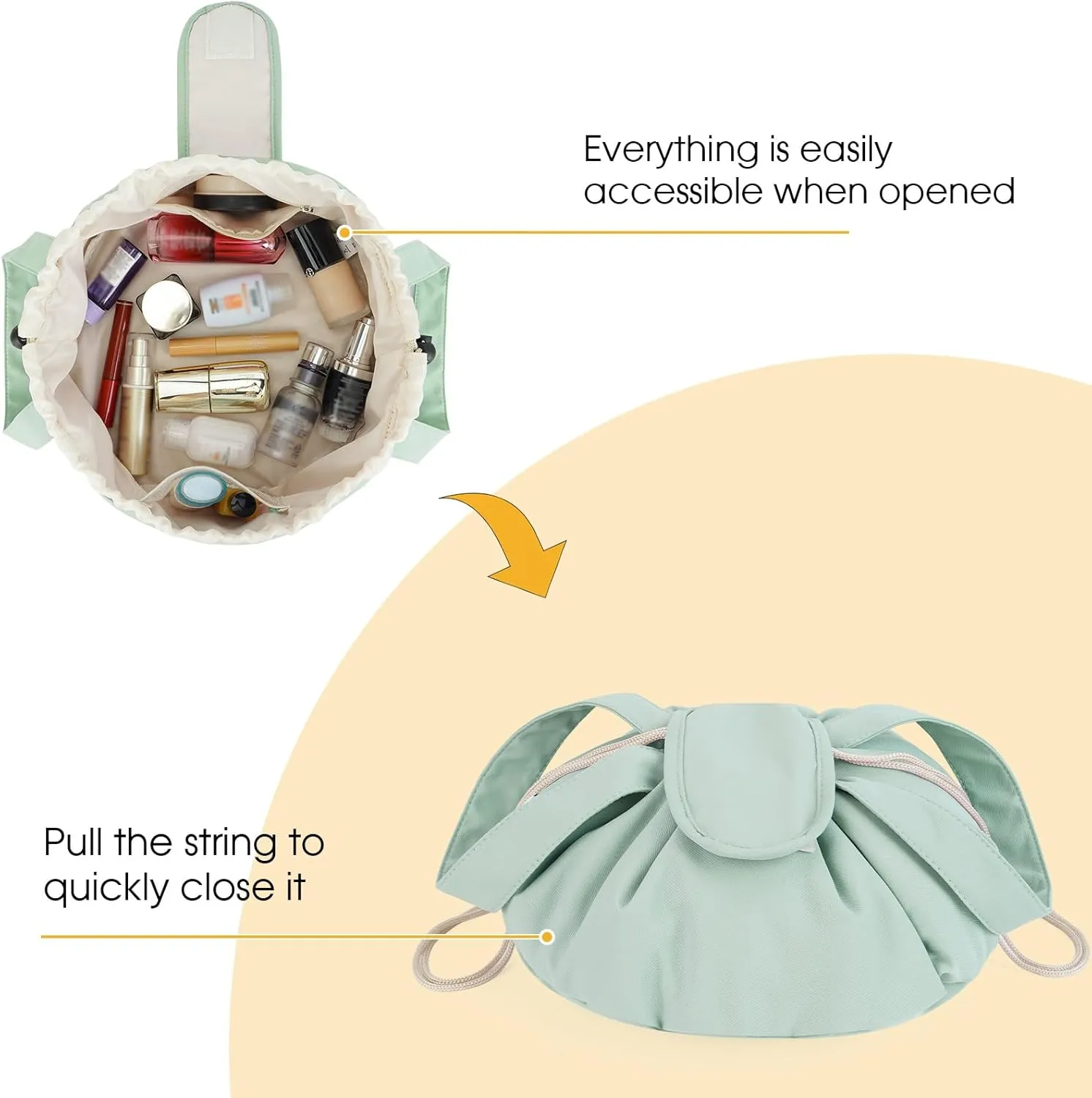 Narwey Barrel Drawstring Makeup Bag Large Floral Cosmetic Bag Make up Bags Toiletry Bag Travel Bags for Toiletries Organizer for Women Gift for Teen Girls (Mint Green) (Patent)