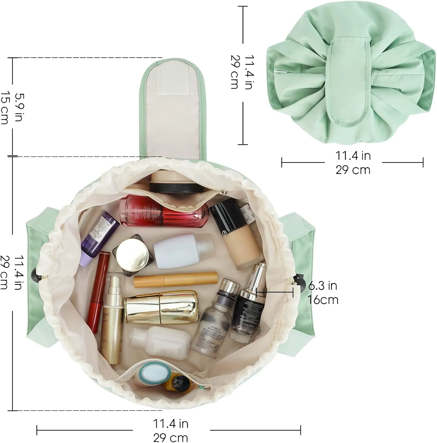 Narwey Barrel Drawstring Makeup Bag Large Floral Cosmetic Bag Make up Bags Toiletry Bag Travel Bags for Toiletries Organizer for Women Gift for Teen Girls (Mint Green) (Patent)