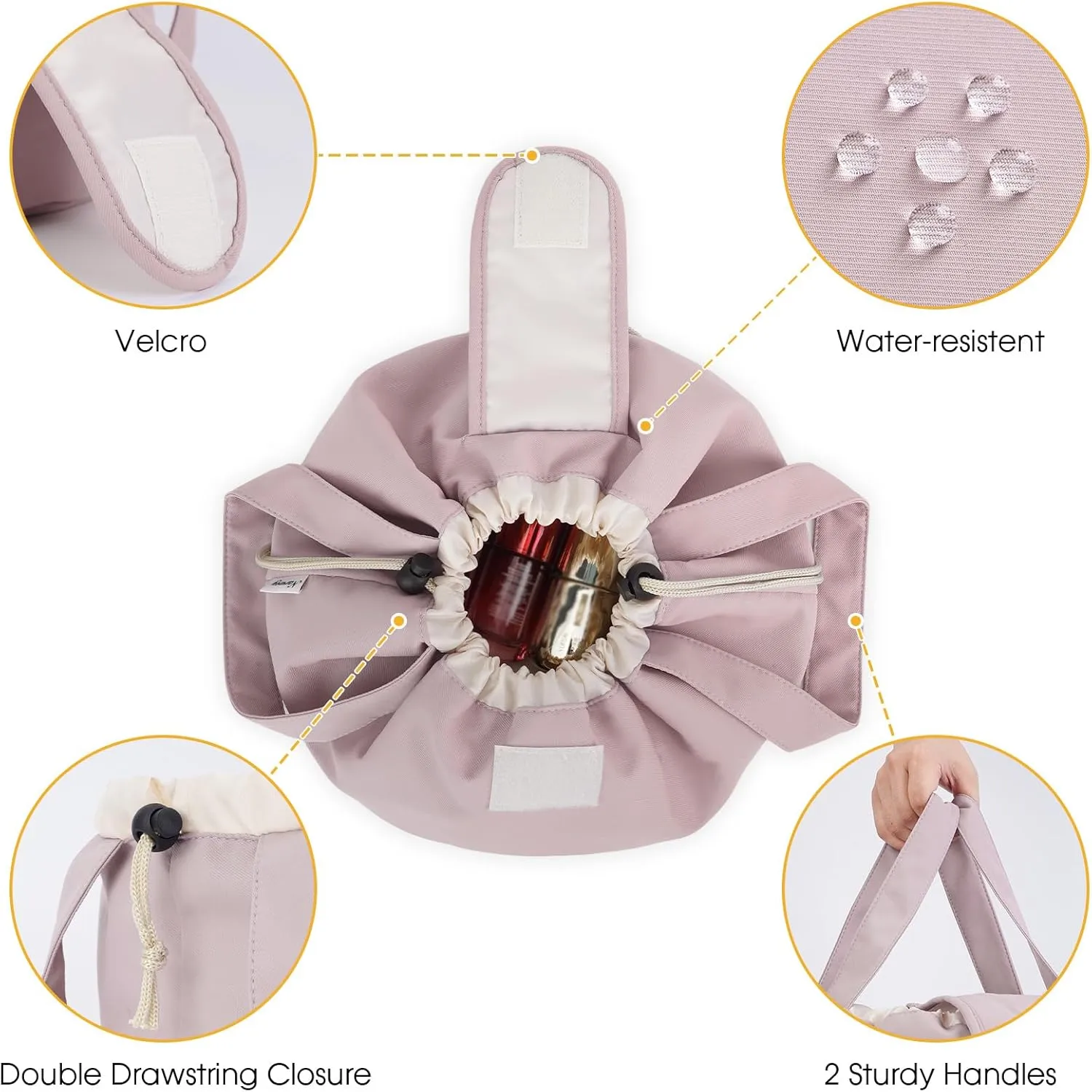 Narwey Barrel Drawstring Makeup Bag Pink Large Cosmetic Bag Make up Bags Toiletry Bag Travel Bags for Toiletries Organizer for Women Gift for Teen Girls (Dusty Rose) (Patent)