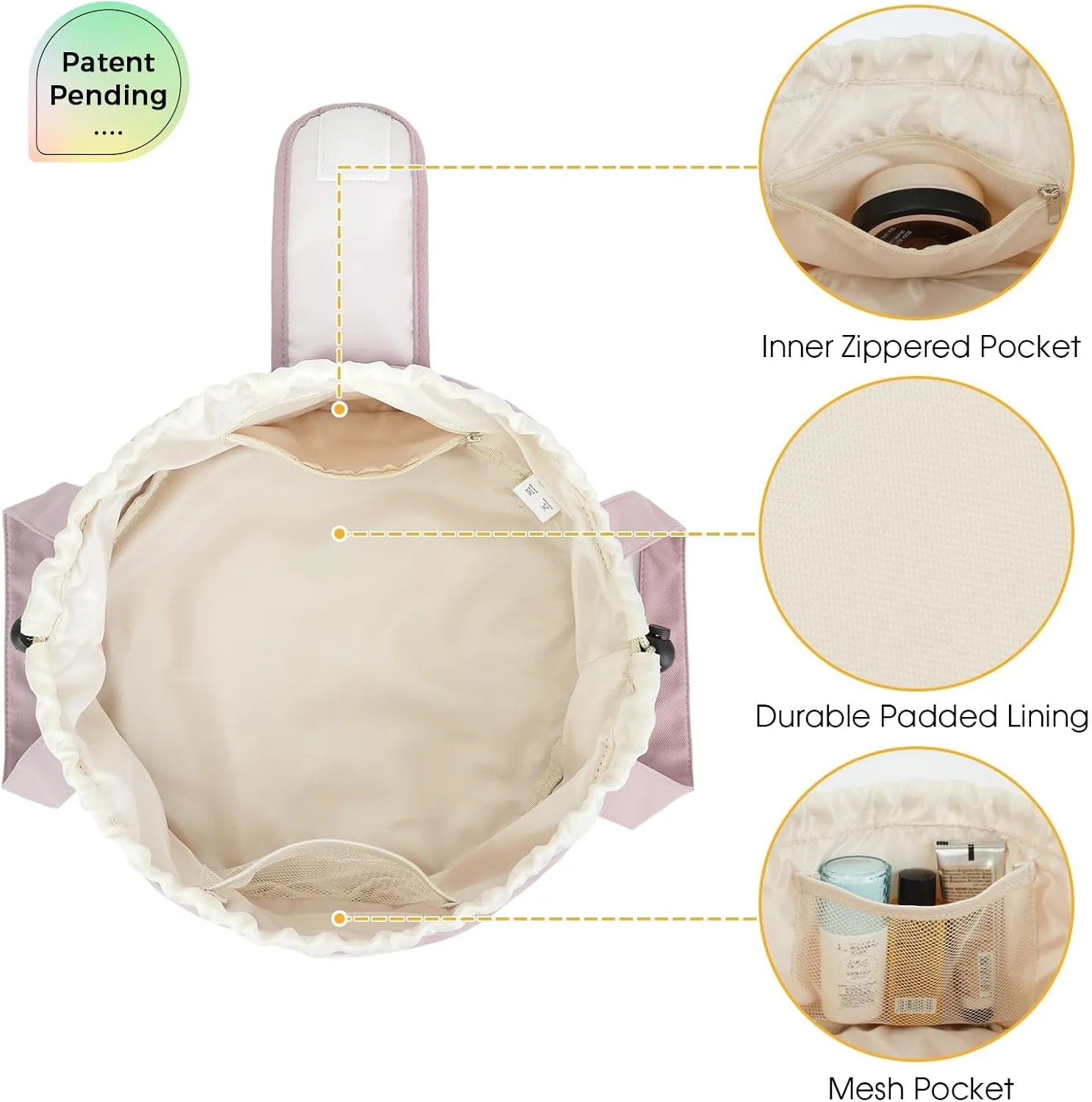 Narwey Barrel Drawstring Makeup Bag Pink Large Cosmetic Bag Make up Bags Toiletry Bag Travel Bags for Toiletries Organizer for Women Gift for Teen Girls (Dusty Rose) (Patent)