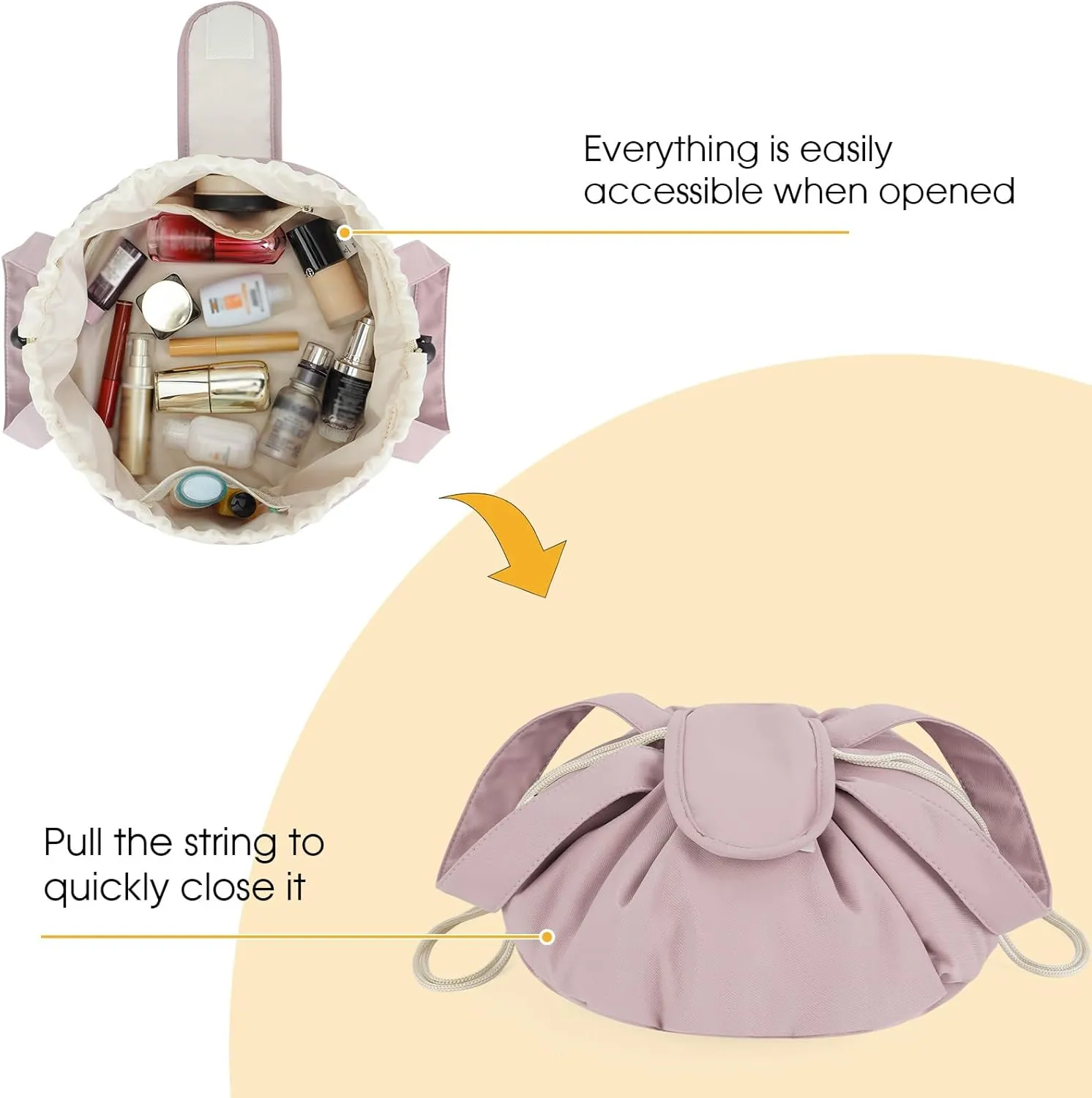 Narwey Barrel Drawstring Makeup Bag Pink Large Cosmetic Bag Make up Bags Toiletry Bag Travel Bags for Toiletries Organizer for Women Gift for Teen Girls (Dusty Rose) (Patent)