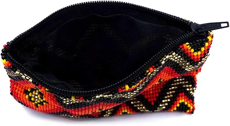 Native American Inspired Diamond Pattern Czech Glass Seed Beaded Coin Purse Zipper Pouch - Womens Fashion Handmade Bags Tribal Travel Accessories (Gold)