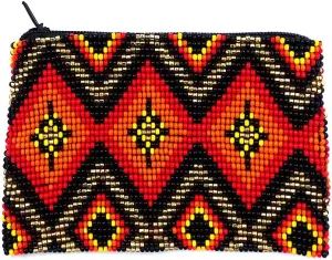 Native American Inspired Diamond Pattern Czech Glass Seed Beaded Coin Purse Zipper Pouch - Womens Fashion Handmade Bags Tribal Travel Accessories (Gold)